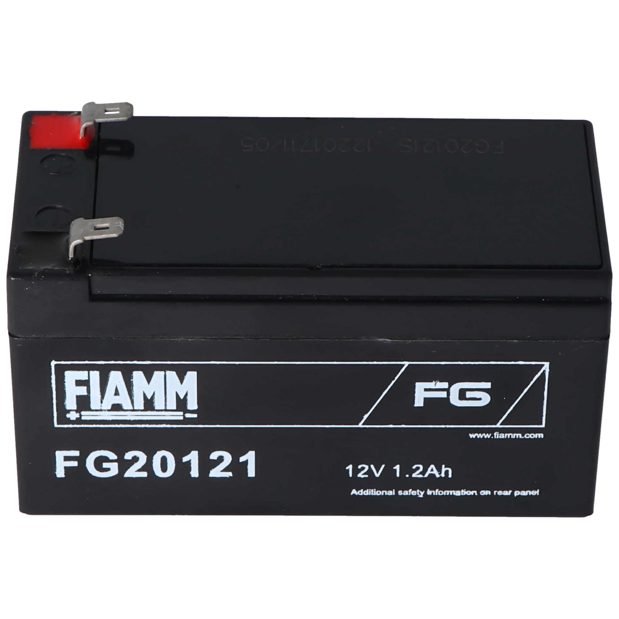 Zwarte FIAMM FG20121 batterij met witte tekst op de voorkant.