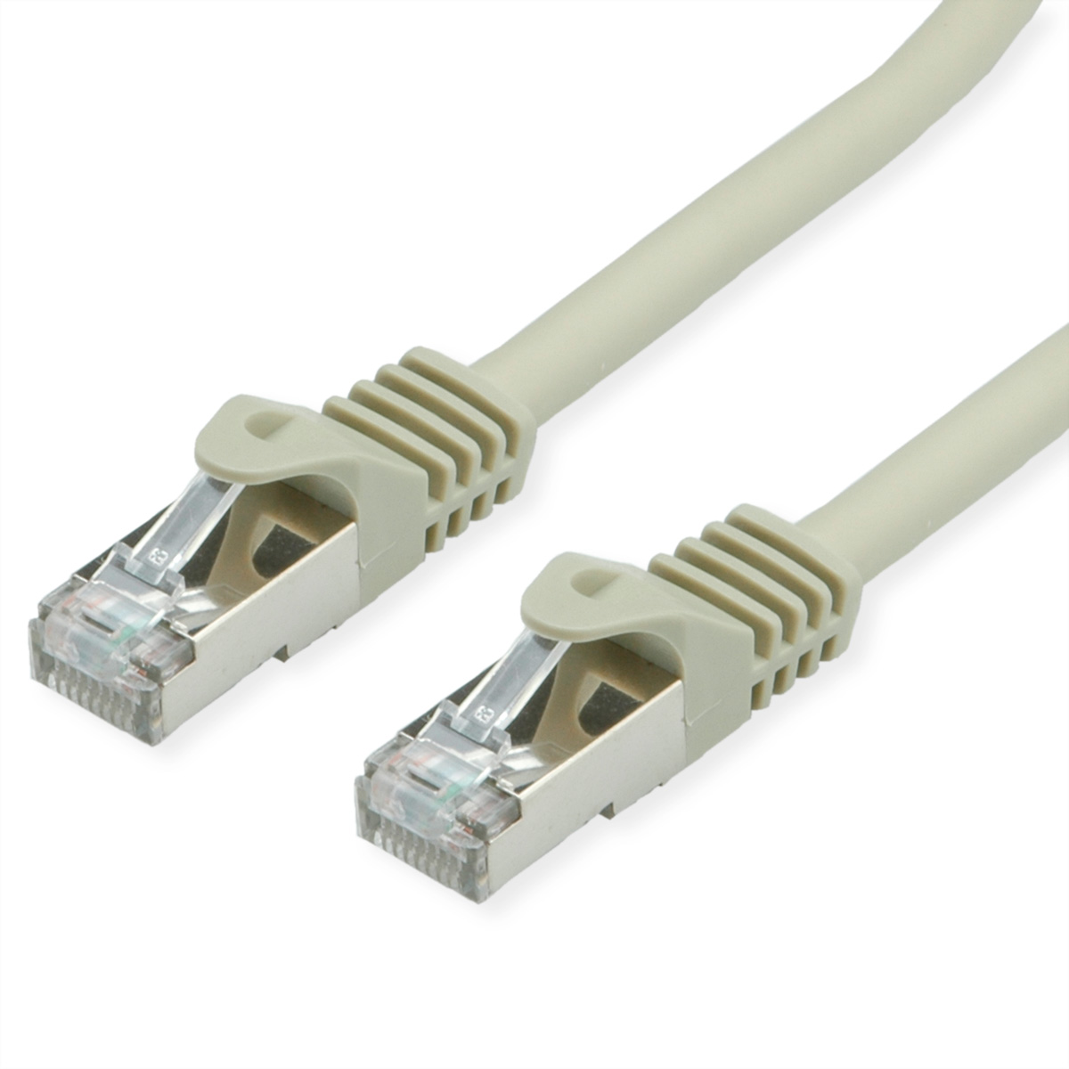 Deux câbles réseau gris avec des connecteurs transparents sur fond blanc.
