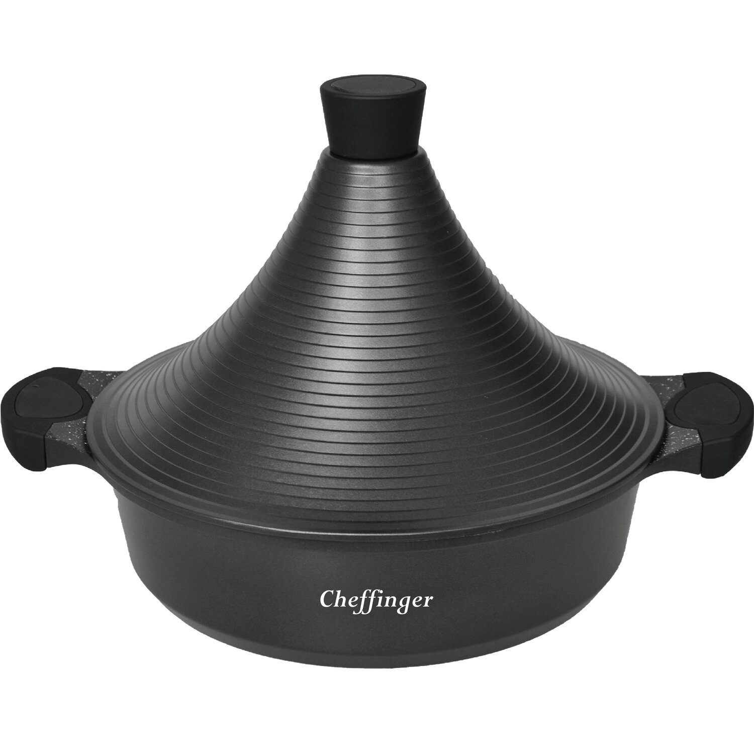 Ein schwarzer Cheffinger-Tagine-Topf mit konischem Deckel und Griffen.