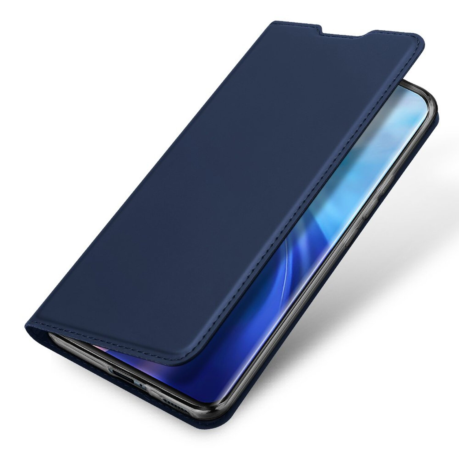 Blaue Handyhülle offen, zeigt einen Telefonbildschirm. Lederähnliches Material mit glattem Finish.