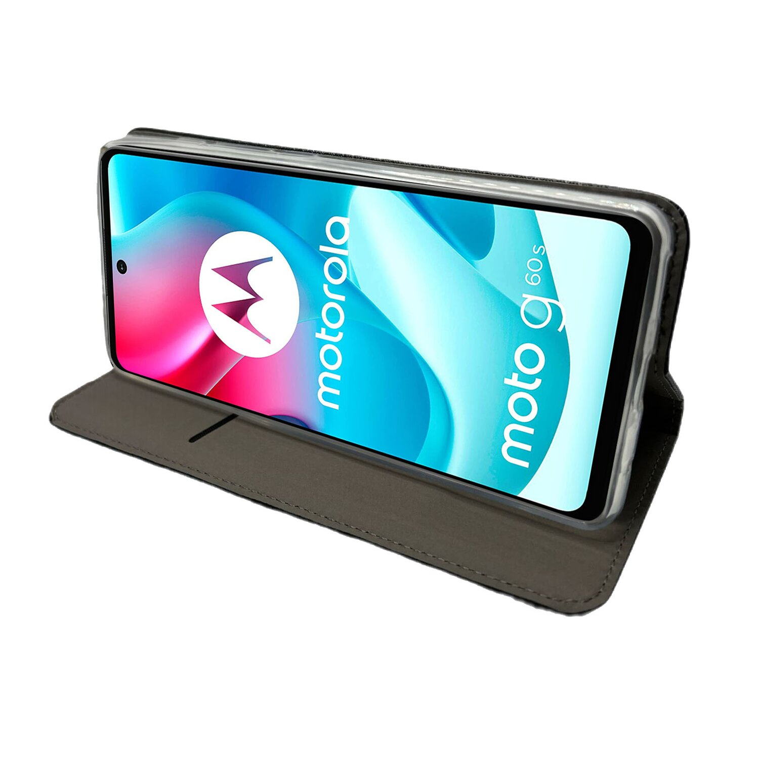 Ein schwarzes Telefon in einer grauen Lederhülle, wobei der Telefonbildschirm sichtbar ist und eine blaue Oberfläche zeigt.