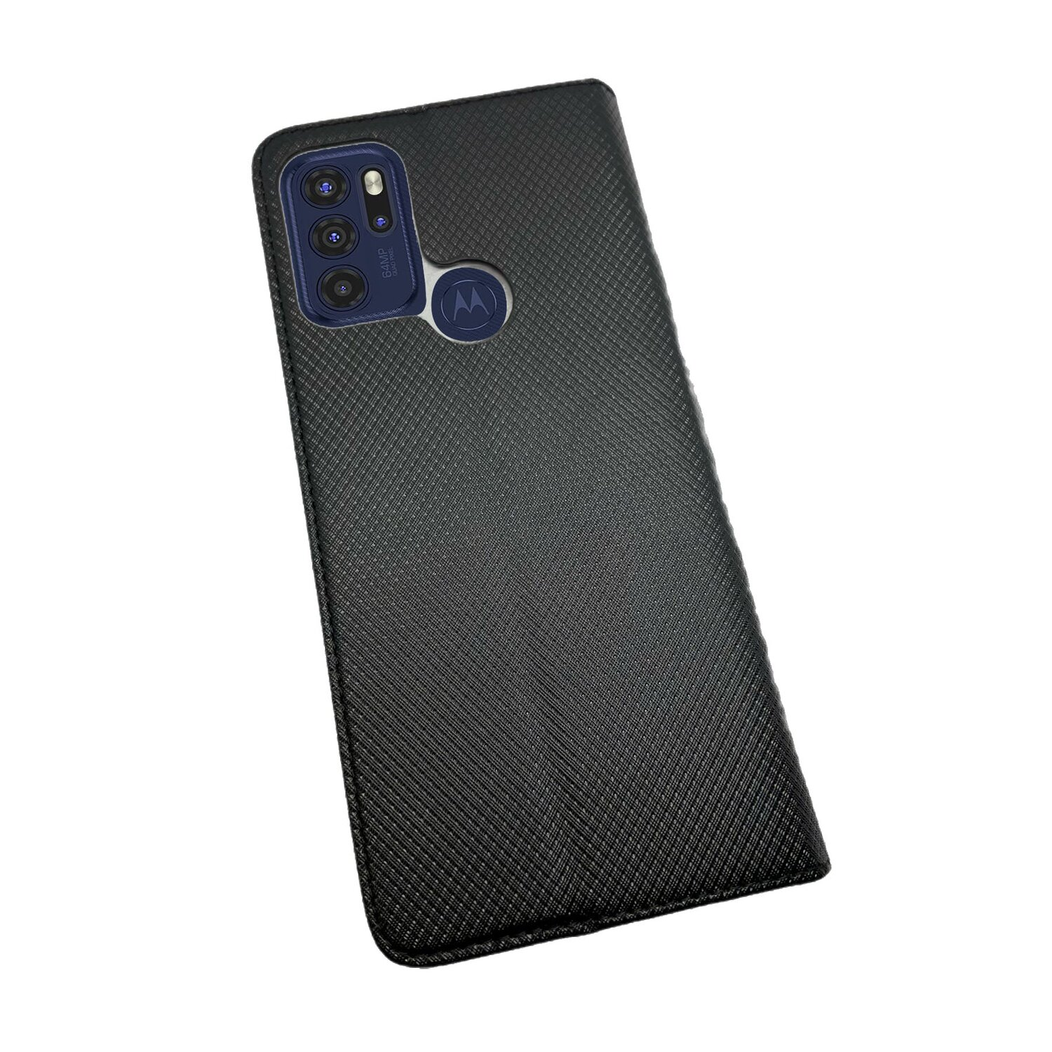 Schwarze Handyhülle mit Motorola-Logo und Kameradetail, schräge Ansicht.
