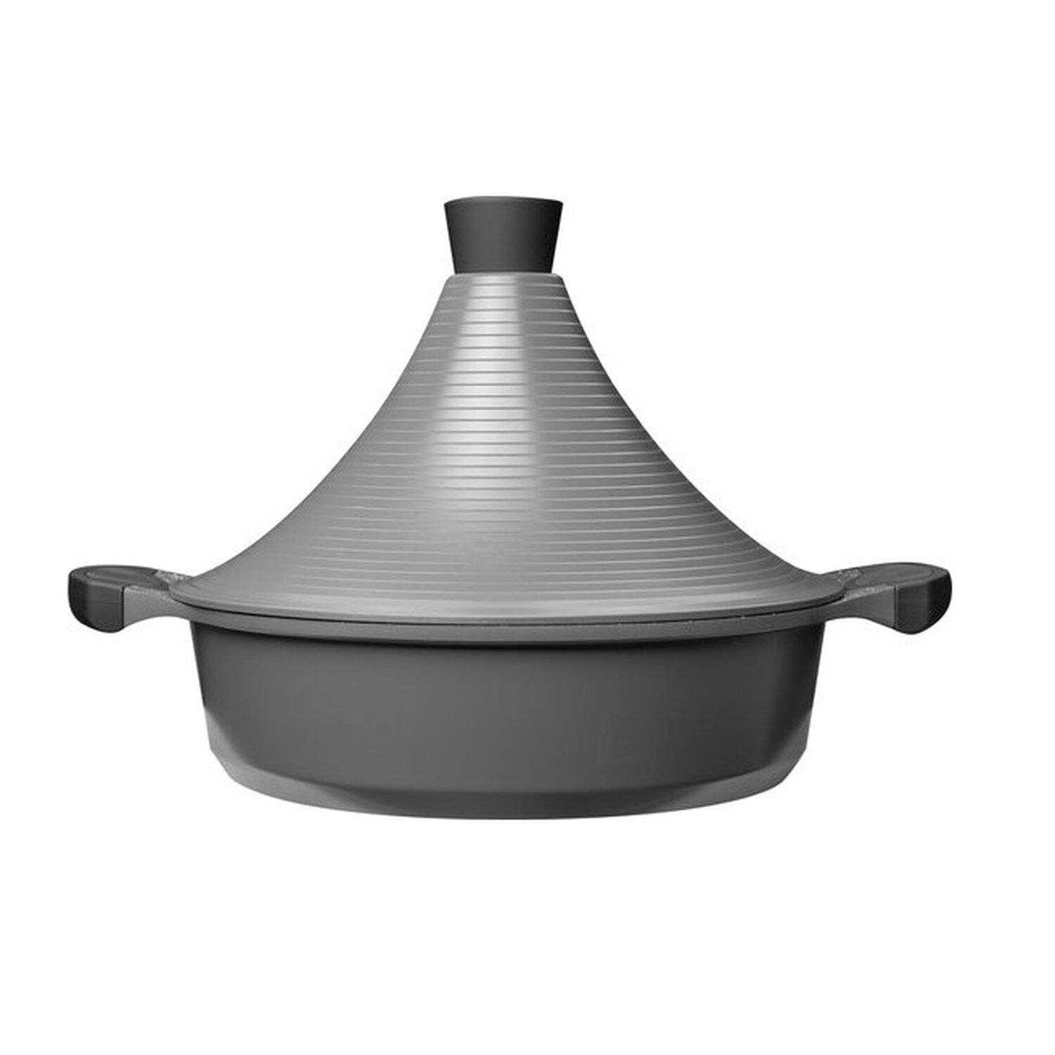 Grauer Tagine-Topf mit konischem Deckel auf weißem Hintergrund.