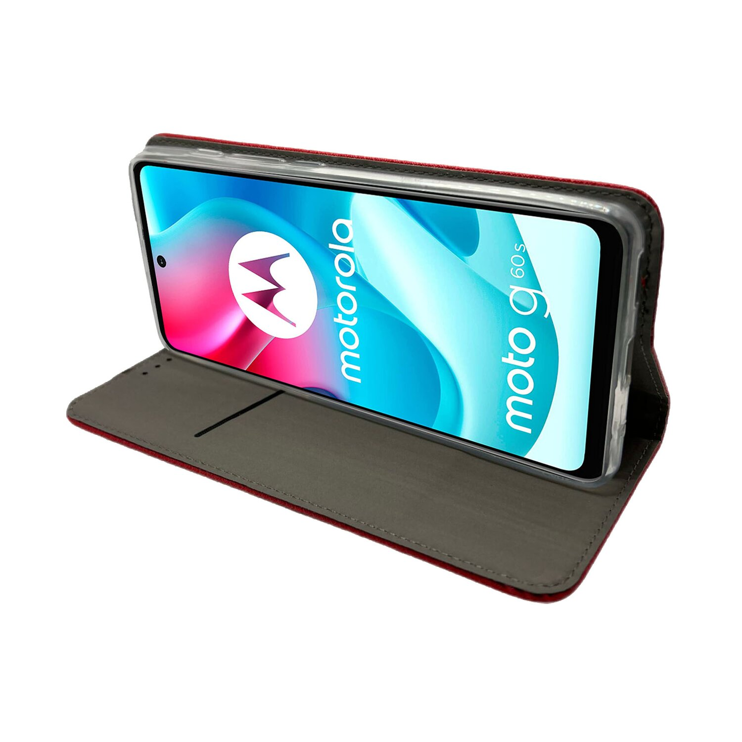 Motorola-Telefon in roter Hülle. Das Handy zeigt Logo. Die Hülle liegt auf weißem Untergrund.
