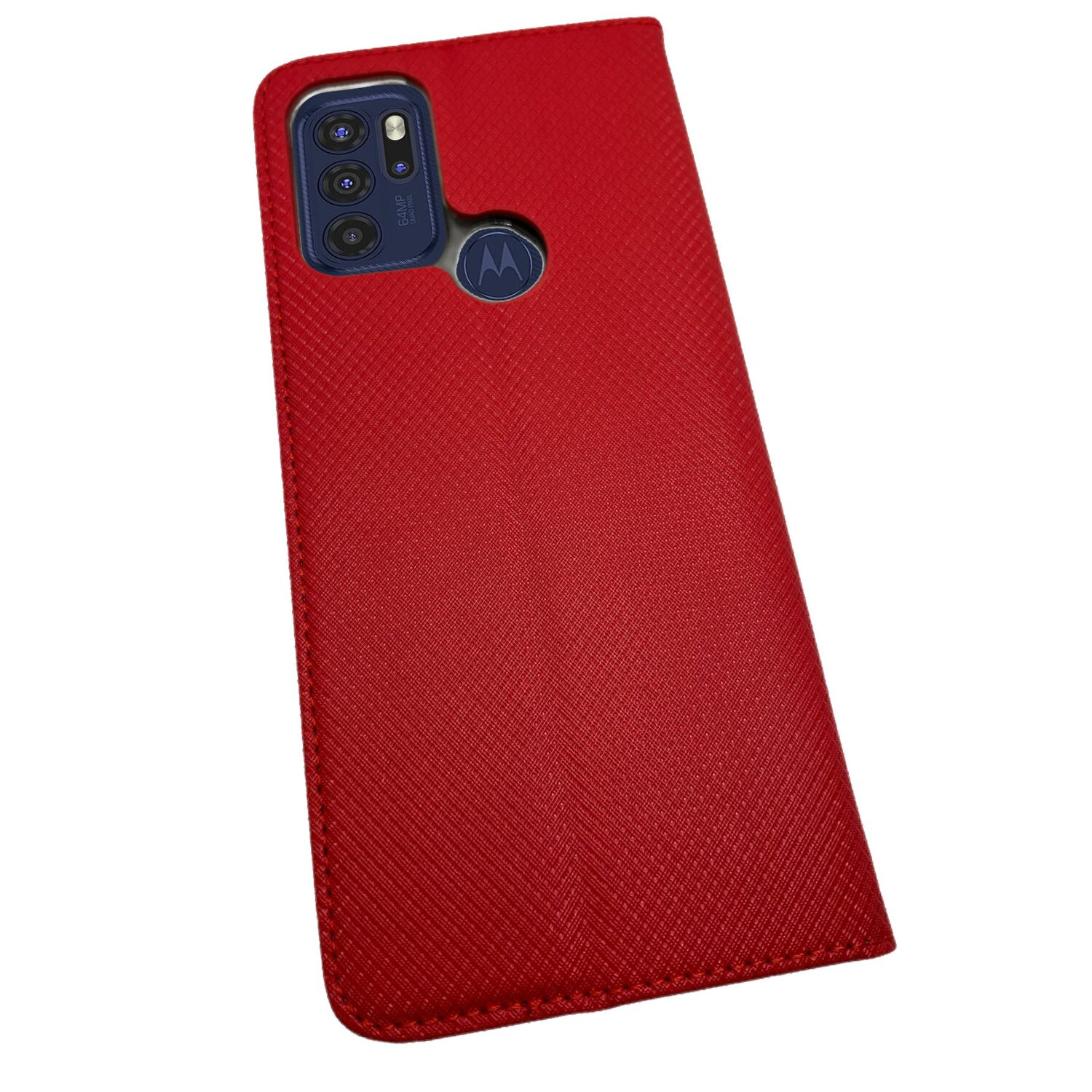 Eine rote Handyhülle mit Kamera und Motorola-Logo. Die Hülle befindet sich auf weißem Hintergrund.