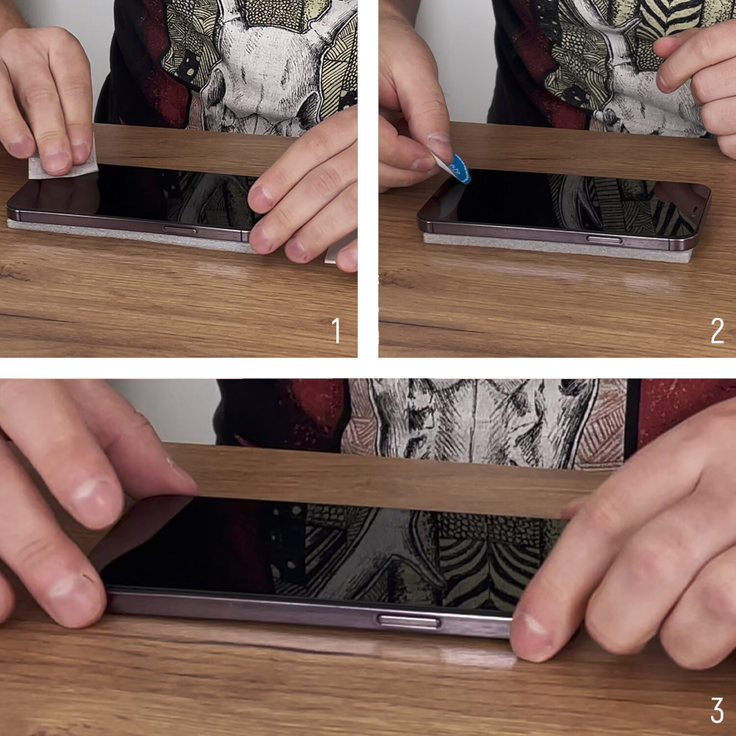 Hände bringen Displayschutzfolie auf ein Telefon auf einem Holztisch an, dreistufig.