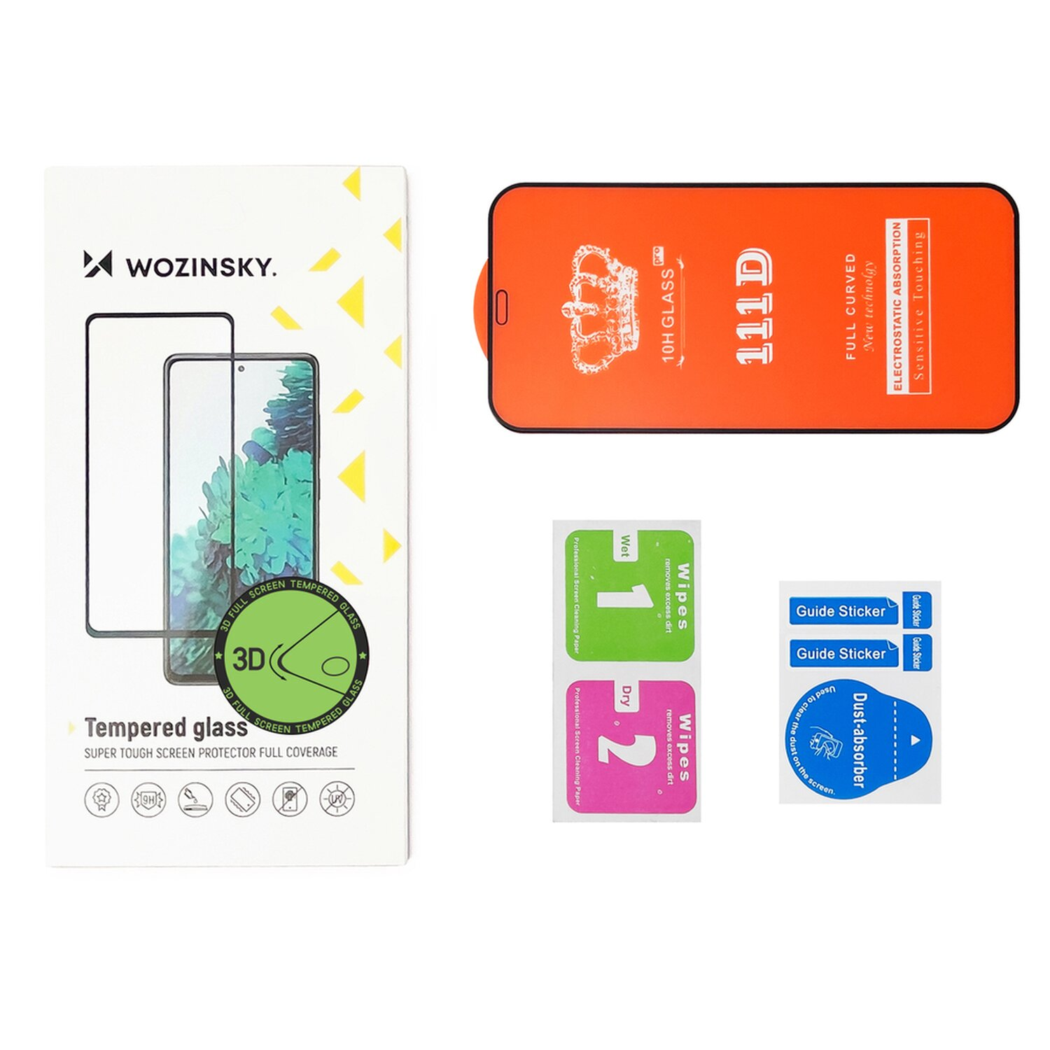 Verpackung mit Displayschutz. Enthält: Displayschutz, Tücher, Aufkleber. Orange und weiß.