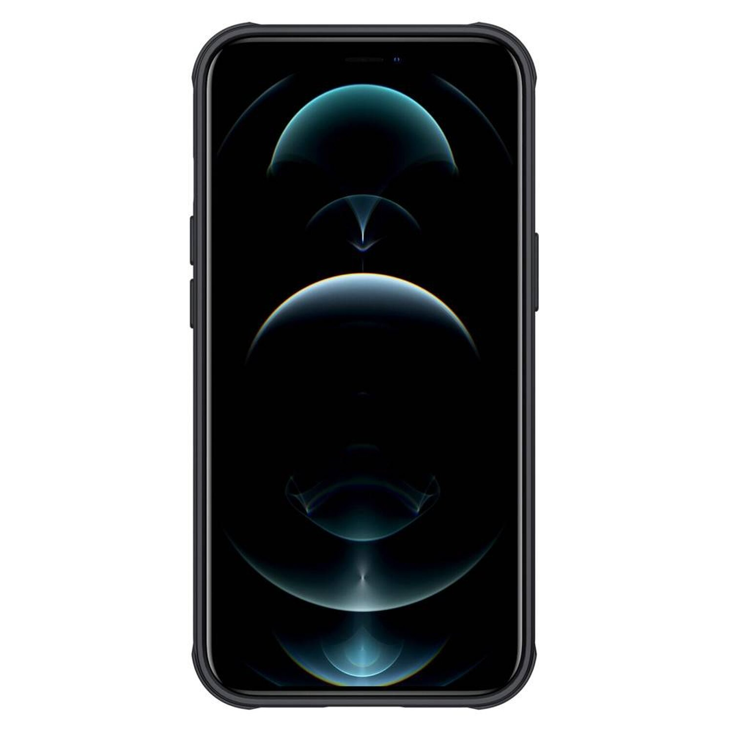Telefon mit schwarzem Gehäuse. Der Bildschirm zeigt dunkles Bild mit blauen Highlights.