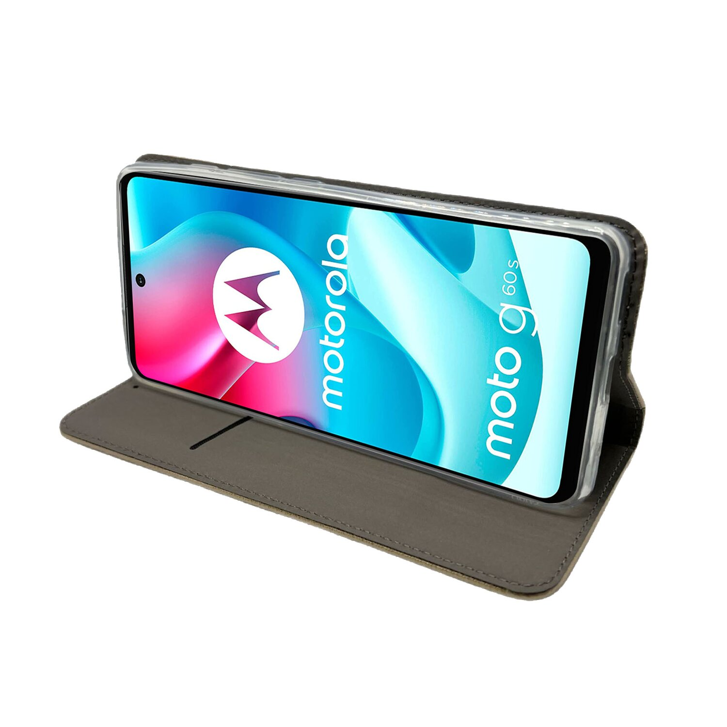 Ein Smartphone in einer Hülle, das das Motorola-Logo auf dem Bildschirm zeigt.
