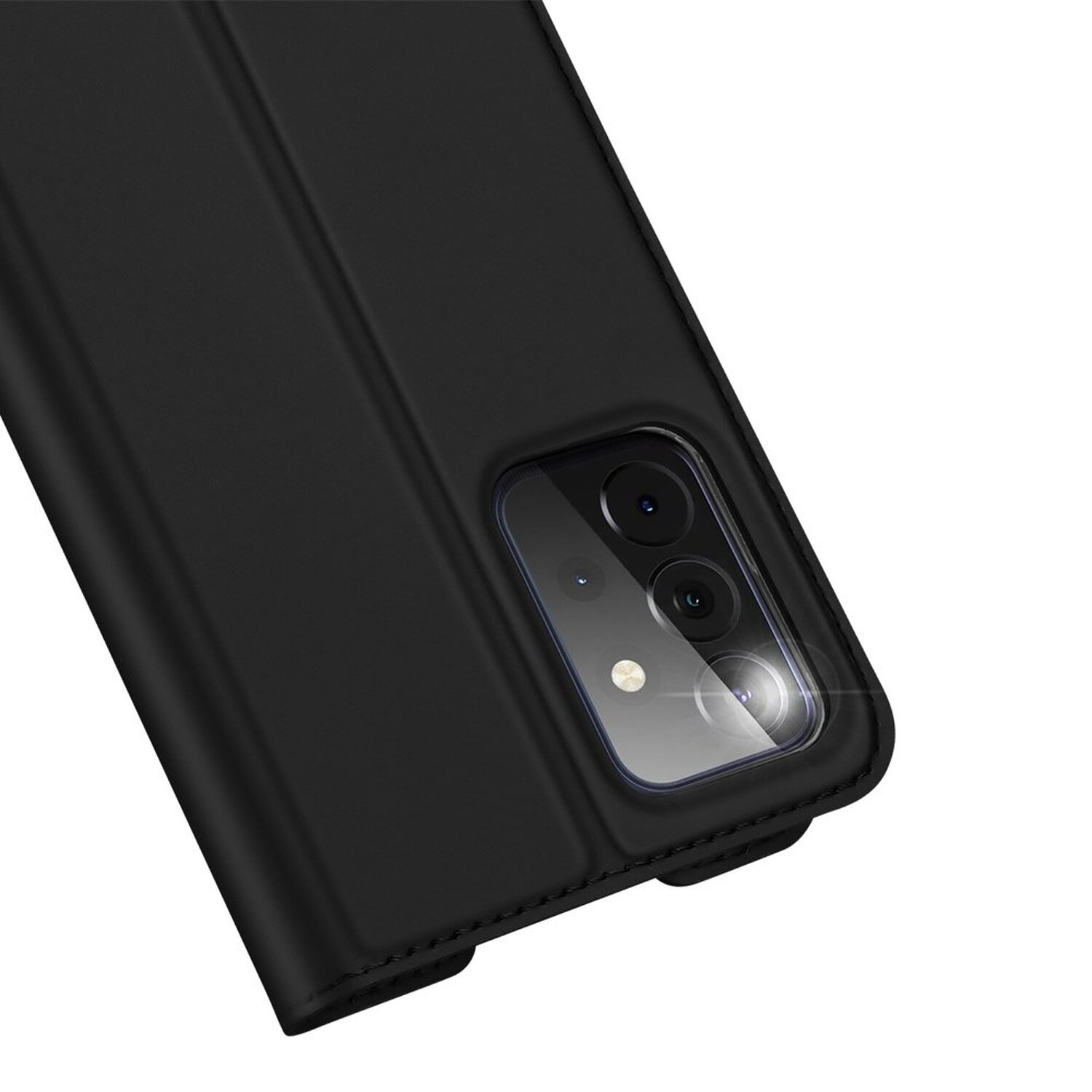 Schwarze Handyhülle mit Kameraausbuchtung. Die Hülle ist geschlossen und bedeckt das Telefon.