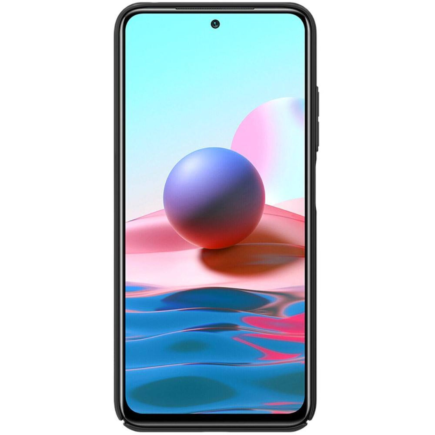 Ein Smartphone-Bildschirm, der eine farbenfrohe Szene zeigt. Es befindet sich in einer schwarzen Handyhülle.