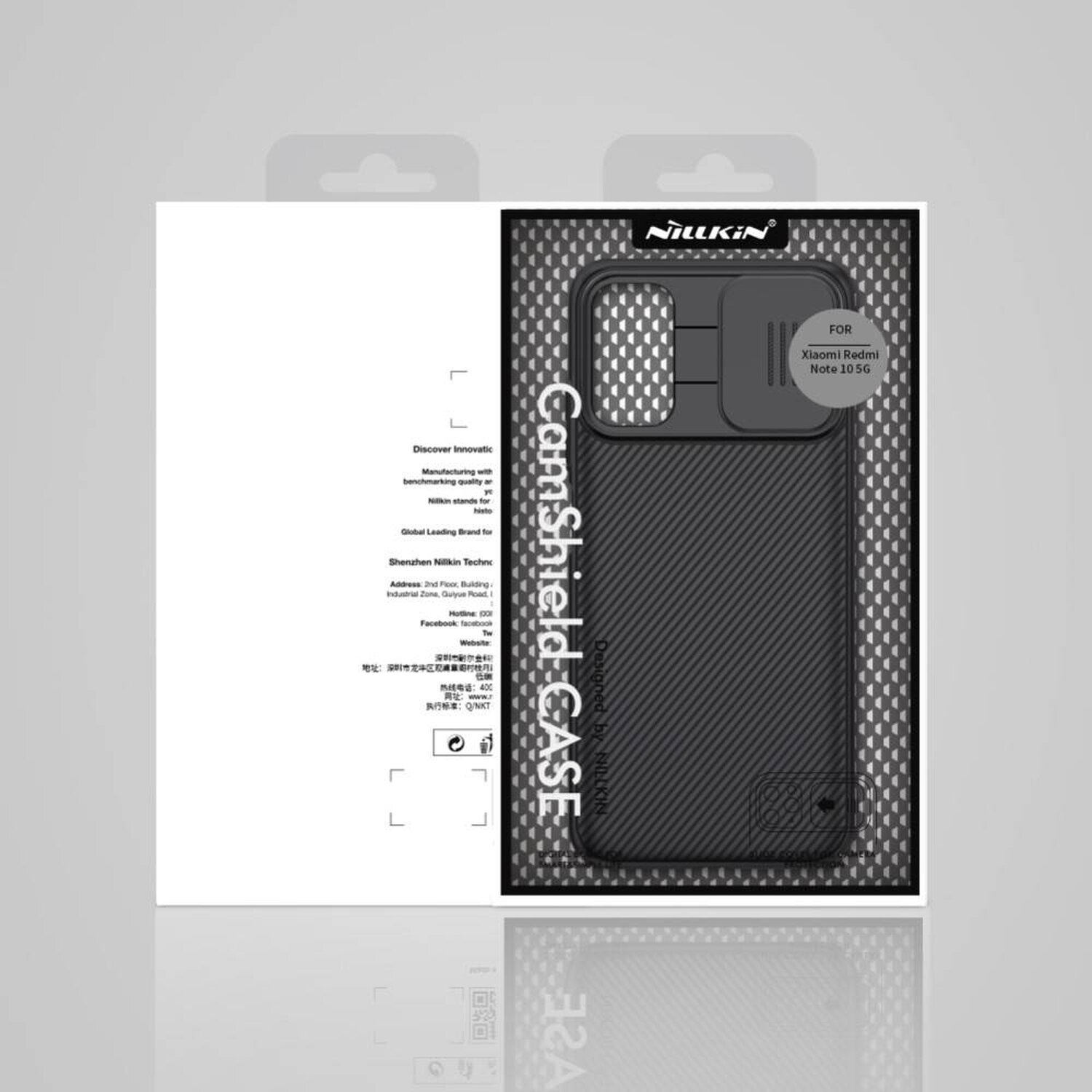 Eine schwarze Handyhüllenbox mit Text. Das Gehäuse befindet sich im Inneren. Weißer Hintergrund.