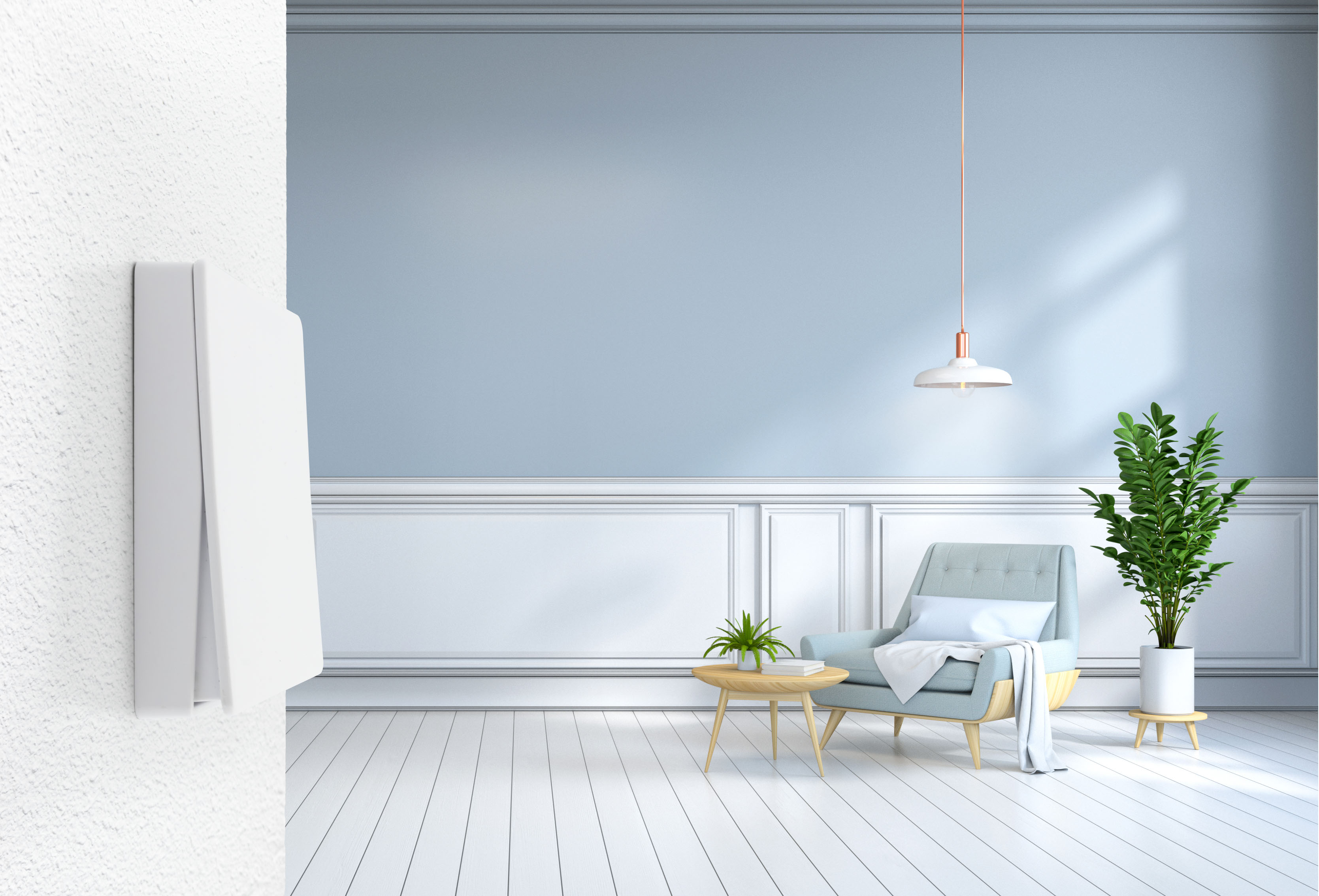 Ein modernes Interieur mit Stuhl, Tisch und Pflanze. Eine weiße Tafel mit einem weißen Objekt links.