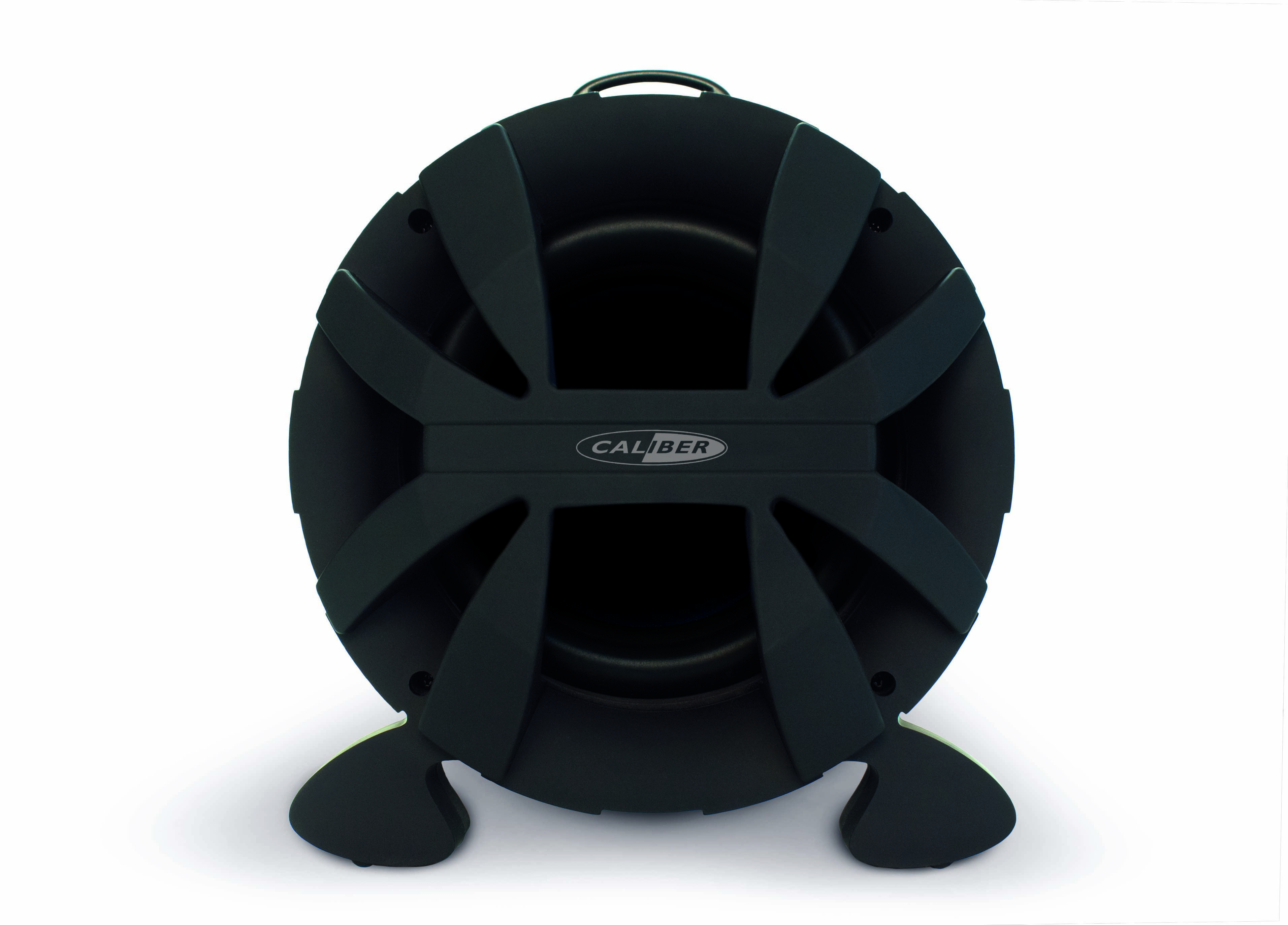 Zwarte subwoofer met een CALIBER-logo. De subwoofer staat op een witte achtergrond.