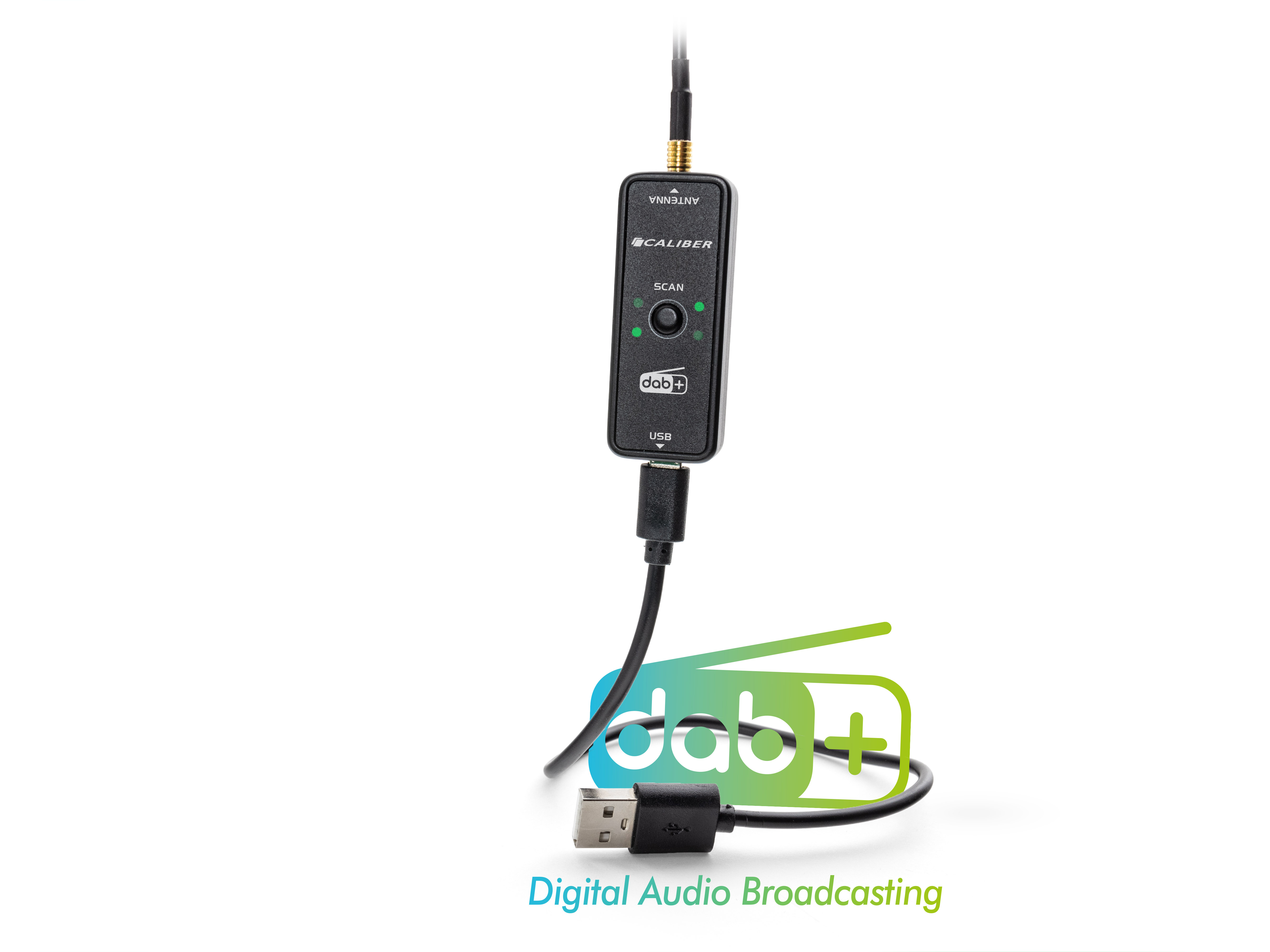 DAB+ USB-Dongle mit USB-Kabel, mit Logo und Text.