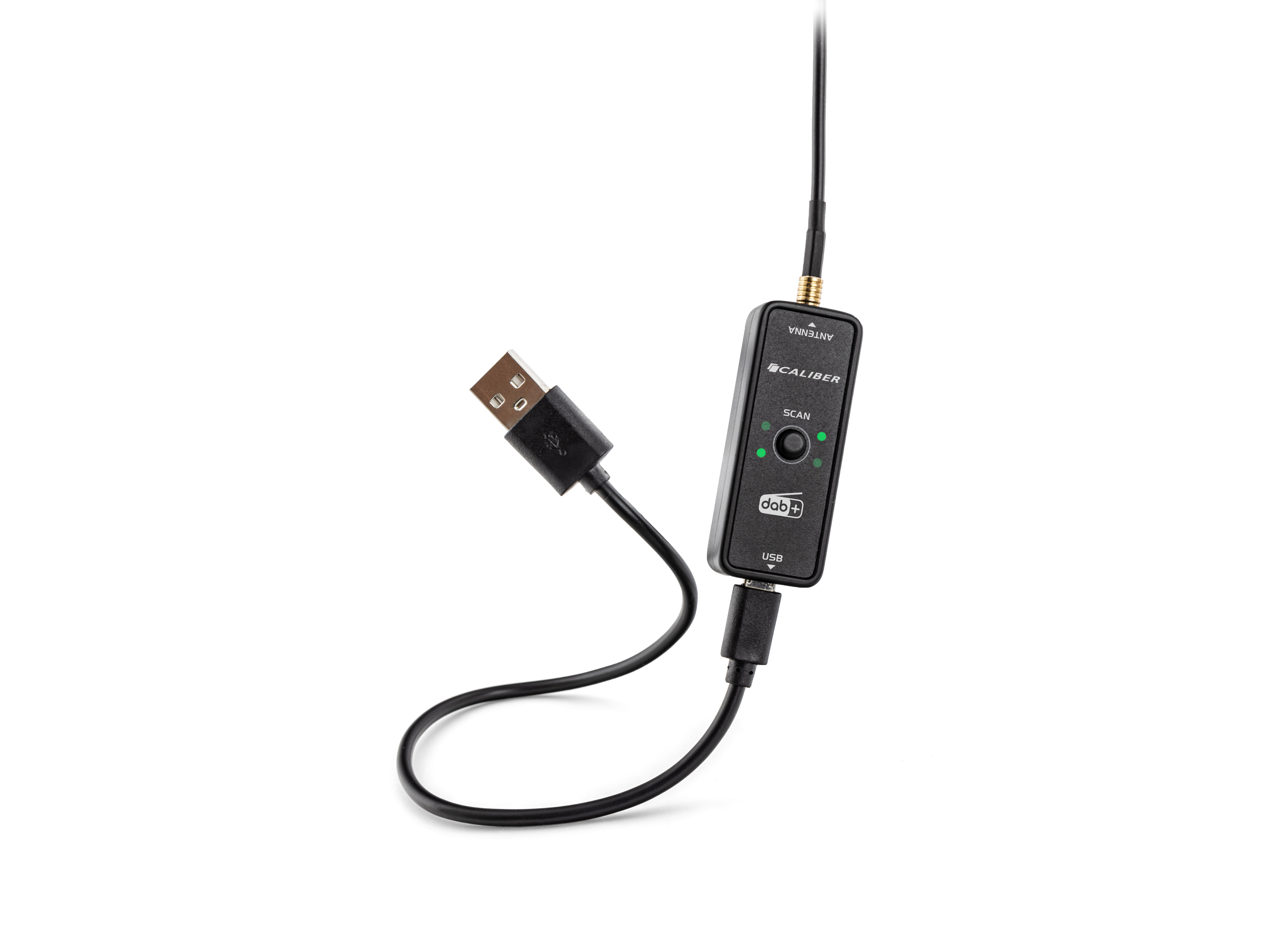 Ein schwarzer USB-Antennen-Dongle mit USB-Anschluss und angeschlossenem Kabel. Es ist auf weißem Hintergrund.