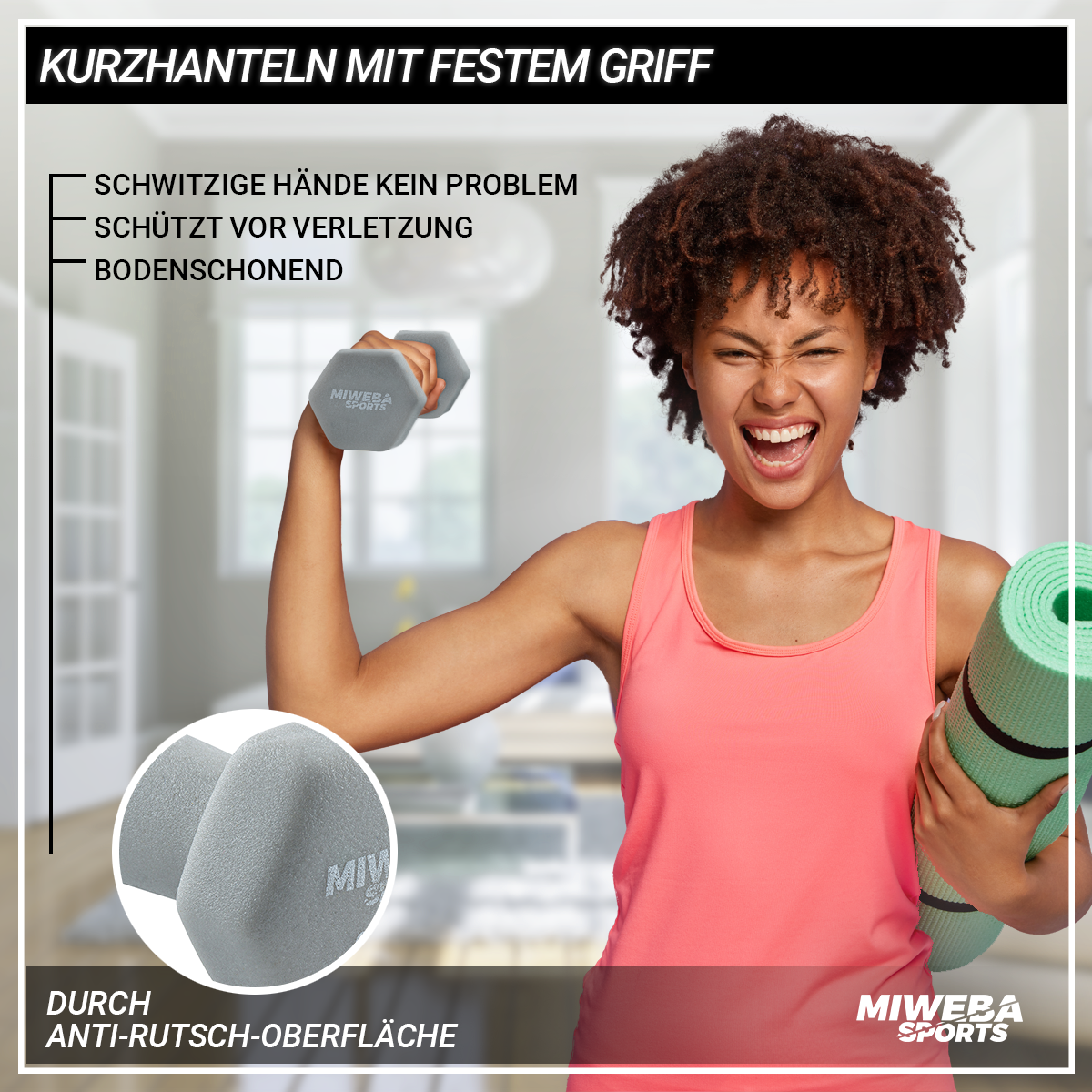 Frau mit Kurzhanteln und Yogamatte. Text: Rutschfest, schützt vor Verletzungen.