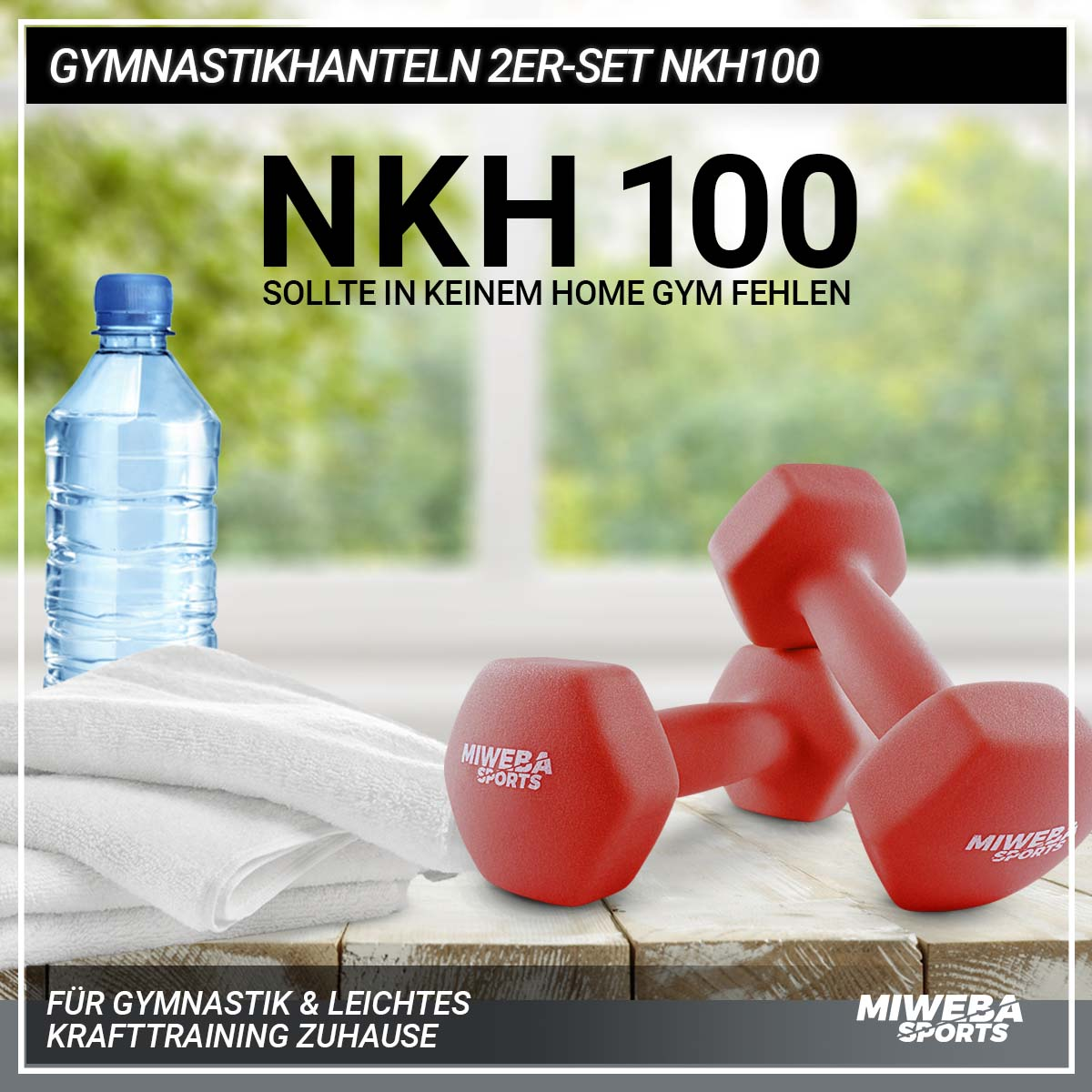 Ein Fitnessstudio-Setup mit roten Kurzhanteln, einer Wasserflasche und einem weißen Handtuch. Text auf Deutsch.