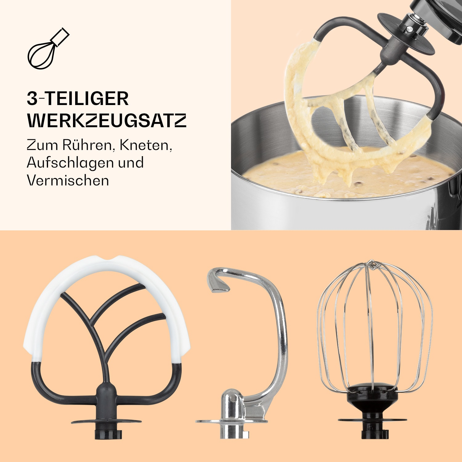 Mixer-Teile zum Kneten, Schlagen und Mischen. Enthält Knethaken, Rührbesen und Schneebesen.