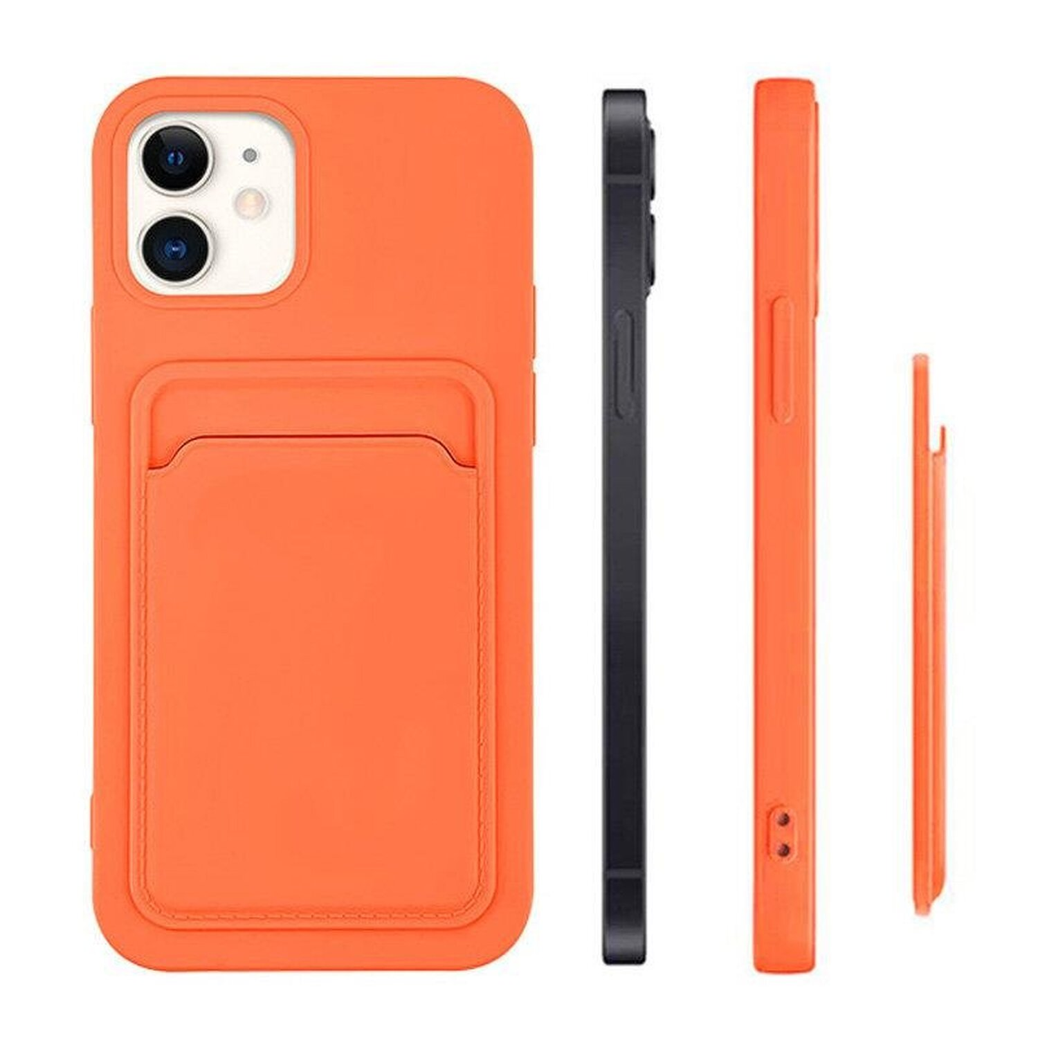 Eine orangefarbene Handyhülle mit Kartenhalter und Seitenansichten.