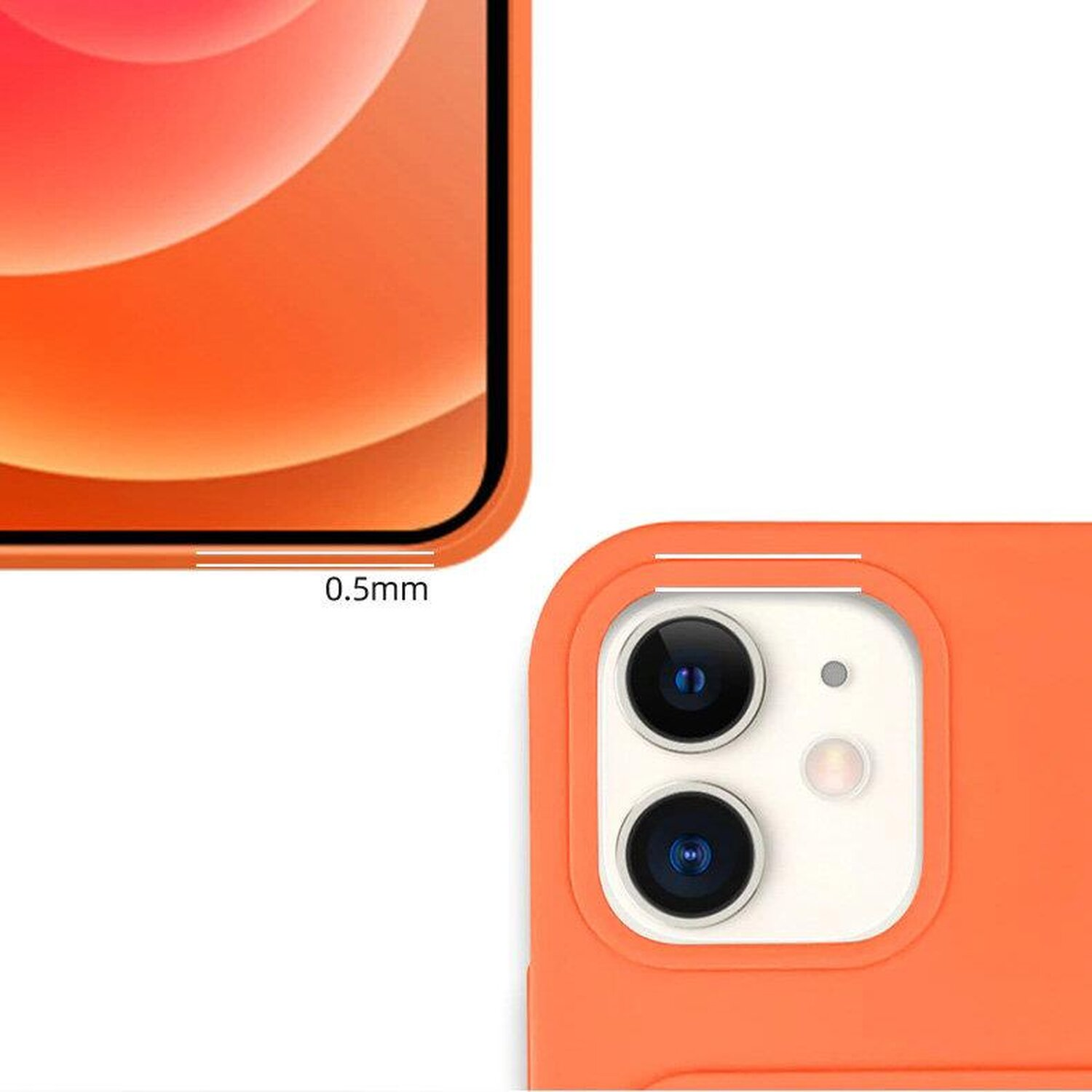 Nahaufnahme einer Telefontaschenecke, orange mit 0,5 mm Rand.
