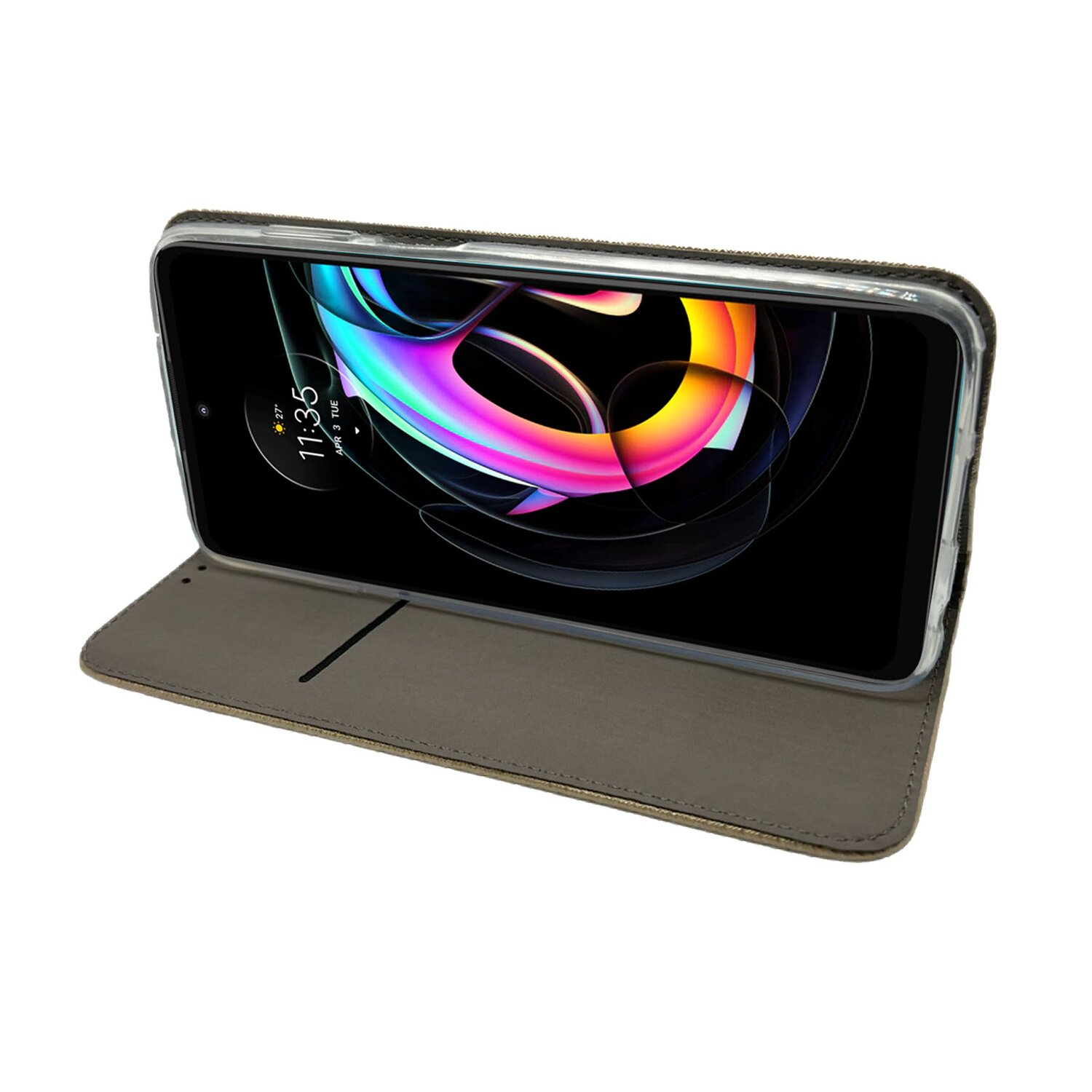 Ein Telefon in einer Hülle liegt auf einem Tisch und zeigt seinen Bildschirm.