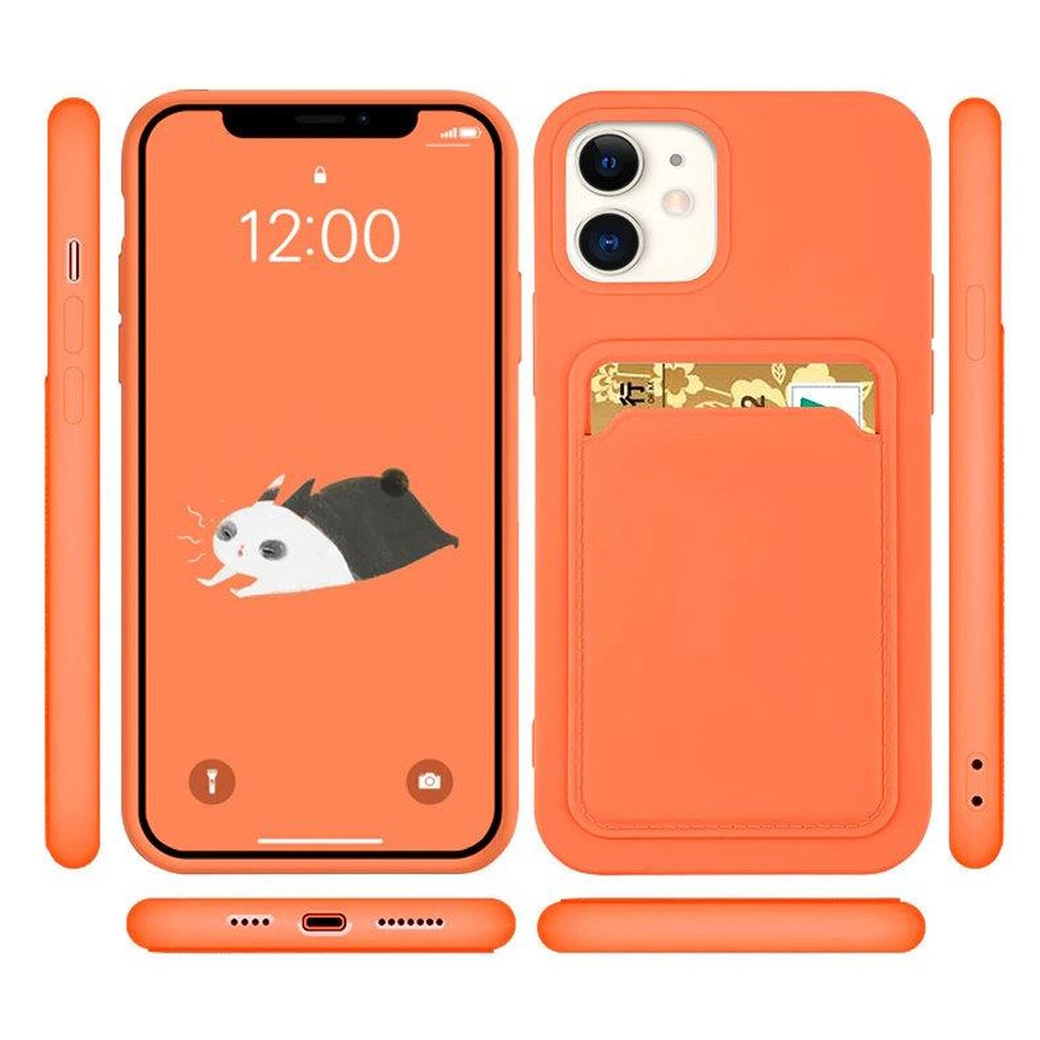 Orangefarbene Handyhülle mit Telefon, zeigt Katzenillustration auf dem Bildschirm.