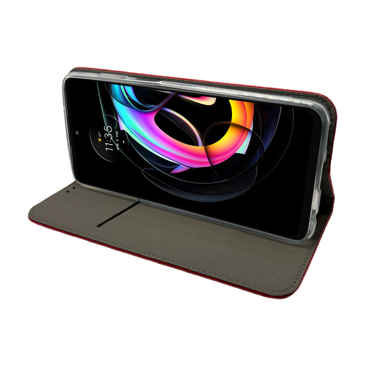 Telefon mit roter Hülle, geöffnet auf weißem Hintergrund. Der Bildschirm ist an.