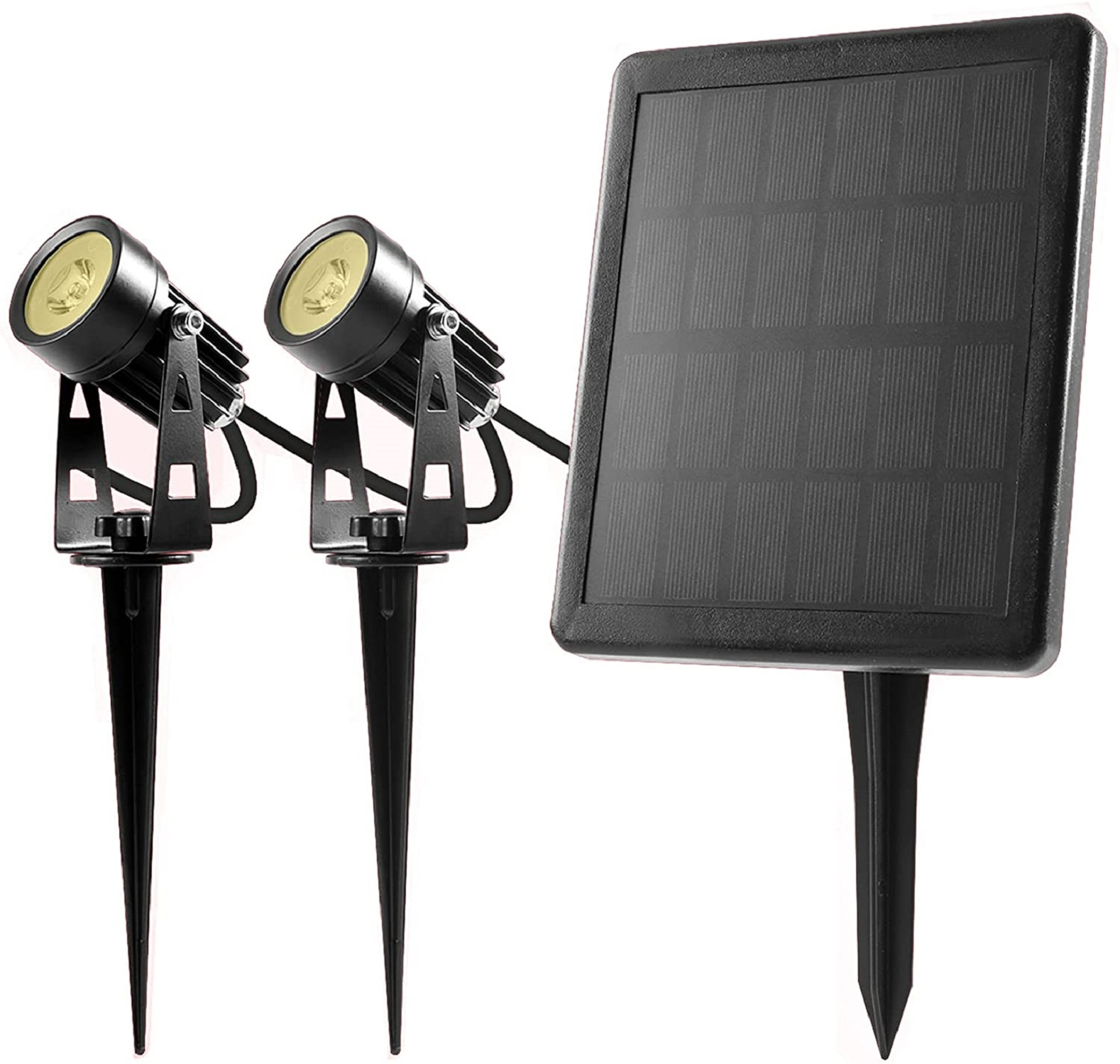 Zwei schwarze Strahler mit gelbem Licht, auf Spikes montiert, mit schwarzem Solarpanel im Hintergrund.