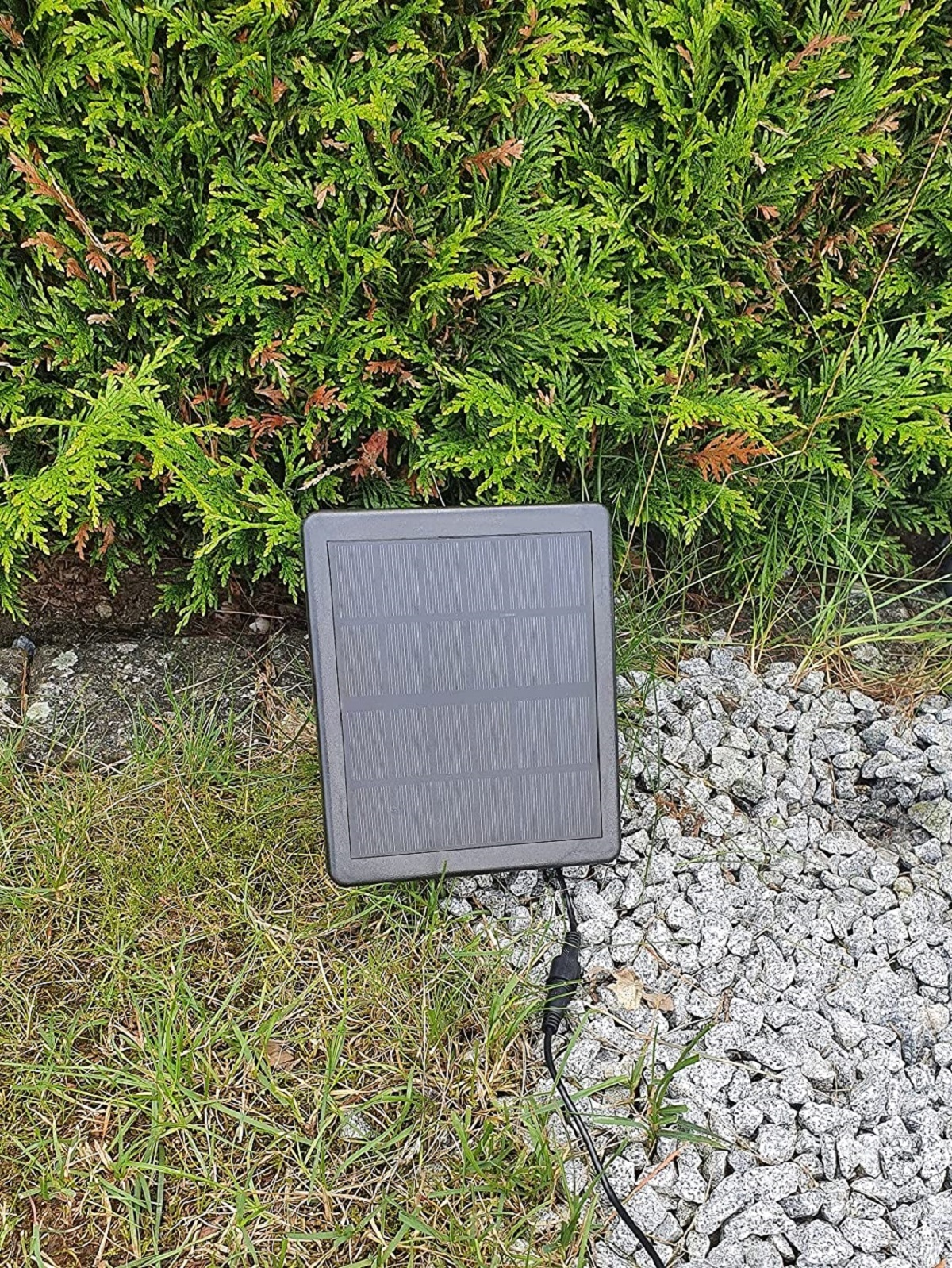 Solarpanel neben Kies und grünem Gras, mit grünen Büschen im Hintergrund.