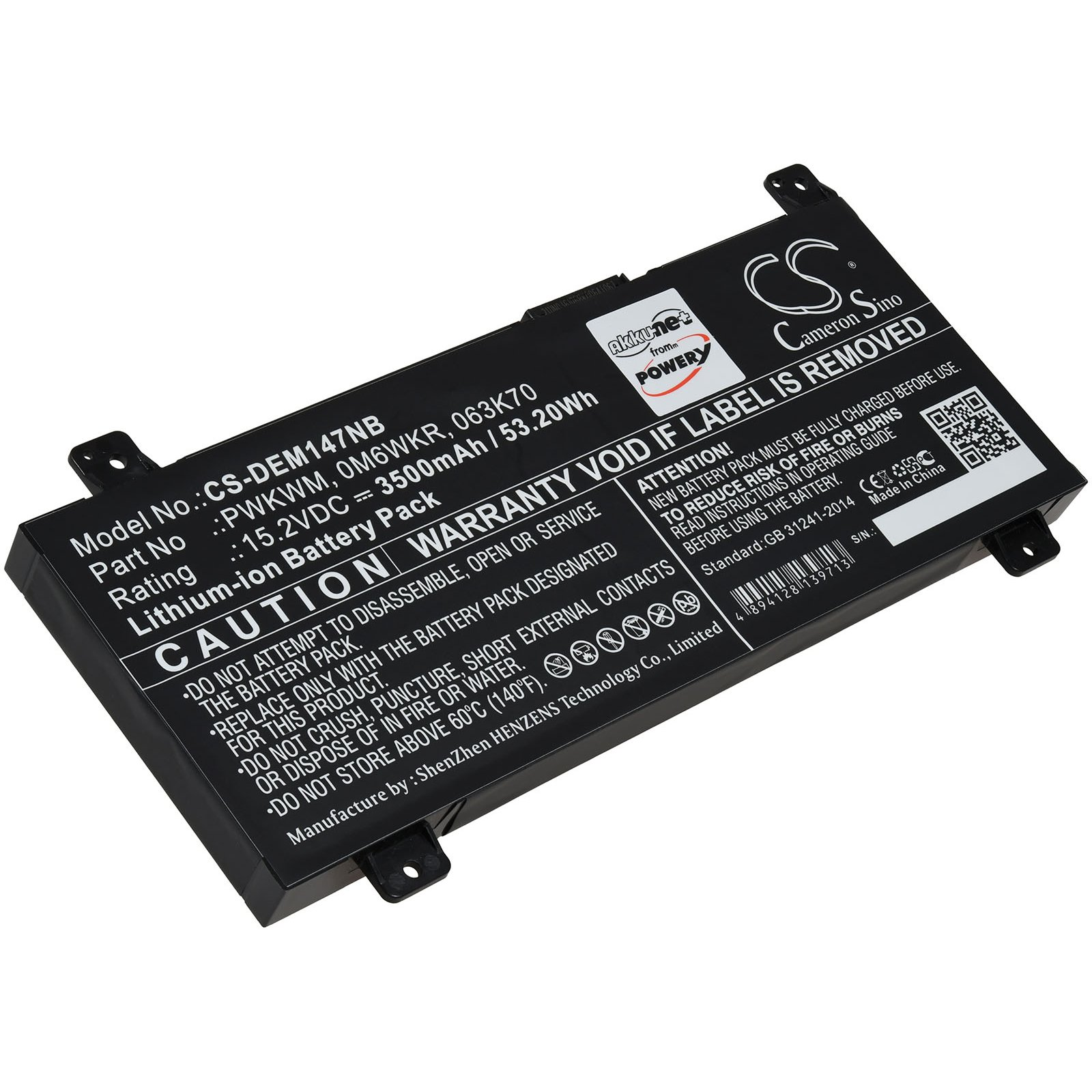 POWERY Akku für Inspiron 7466 Volt, 15.2 3500mAh Akku, Dell 14 Li-Ion