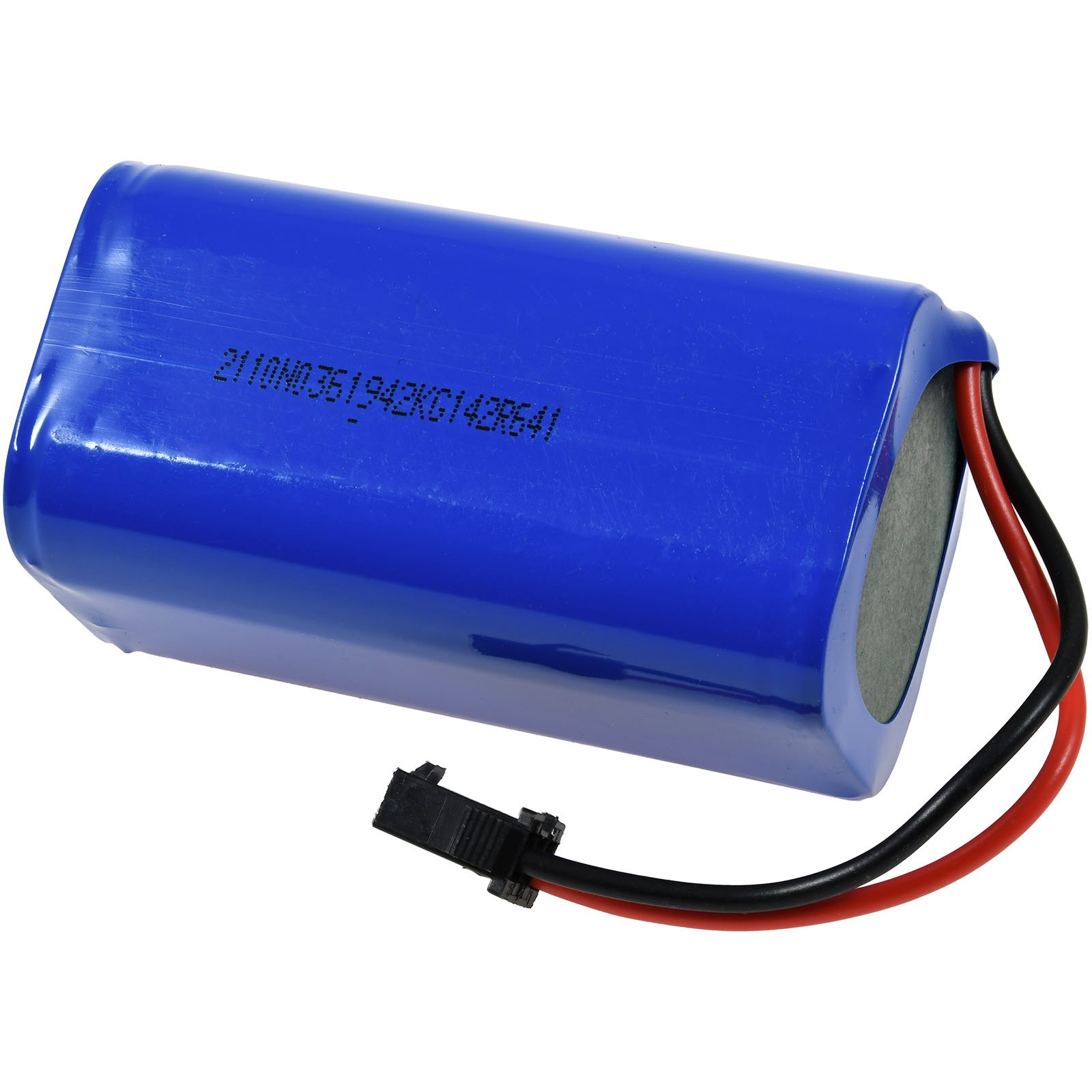 Eine blaue zylindrische Batterie mit schwarzen und roten Drähten.
