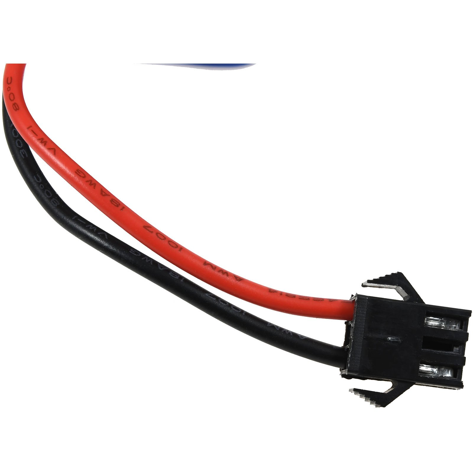 Nahaufnahme von roten und schwarzen Elektrokabeln, die an einen schwarzen Stecker angeschlossen sind. Die Drähte liegen nebeneinander.