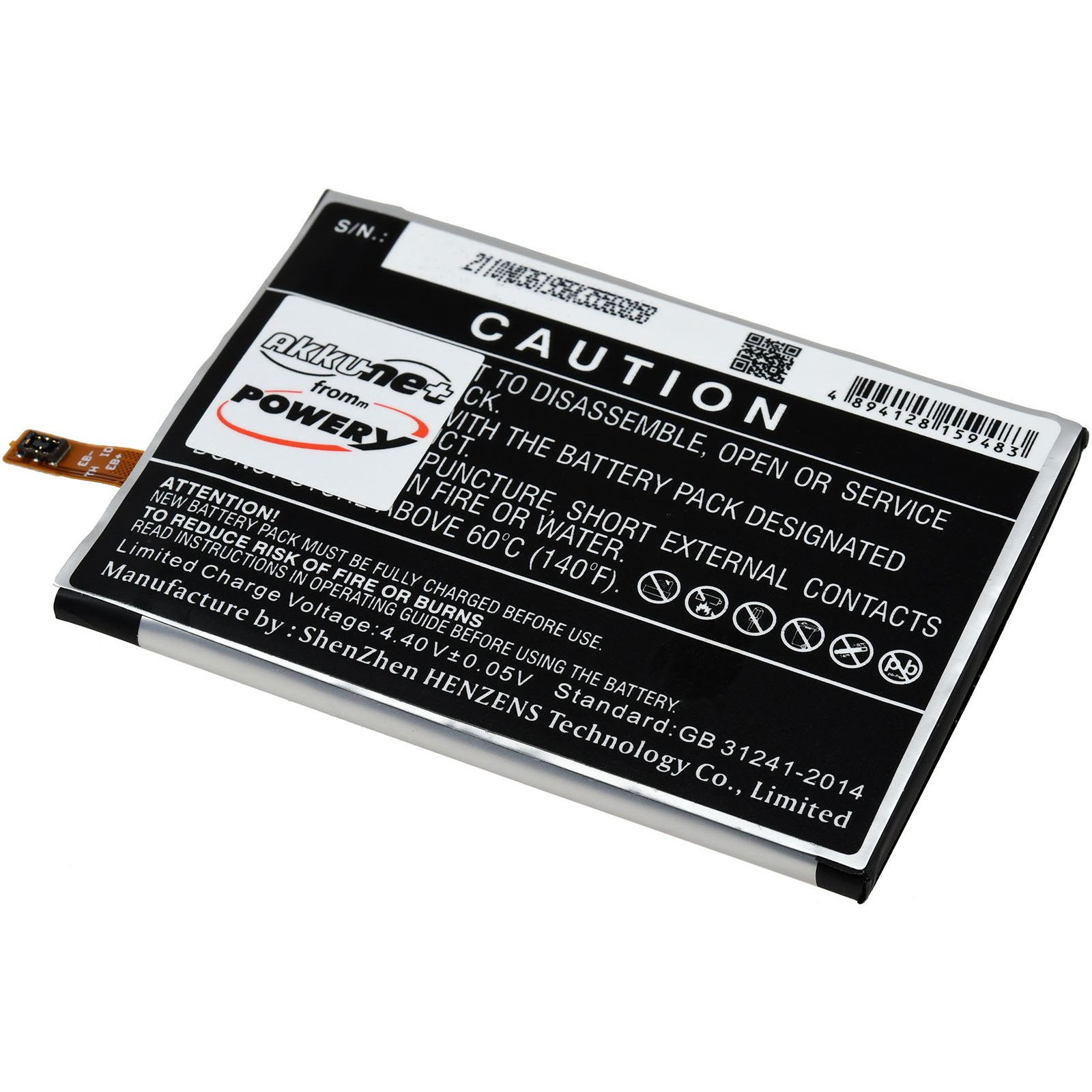Schwarz-weiße Batterie mit Warnhinweisen. Die Etiketten warnen vor Sicherheit und richtiger Handhabung.