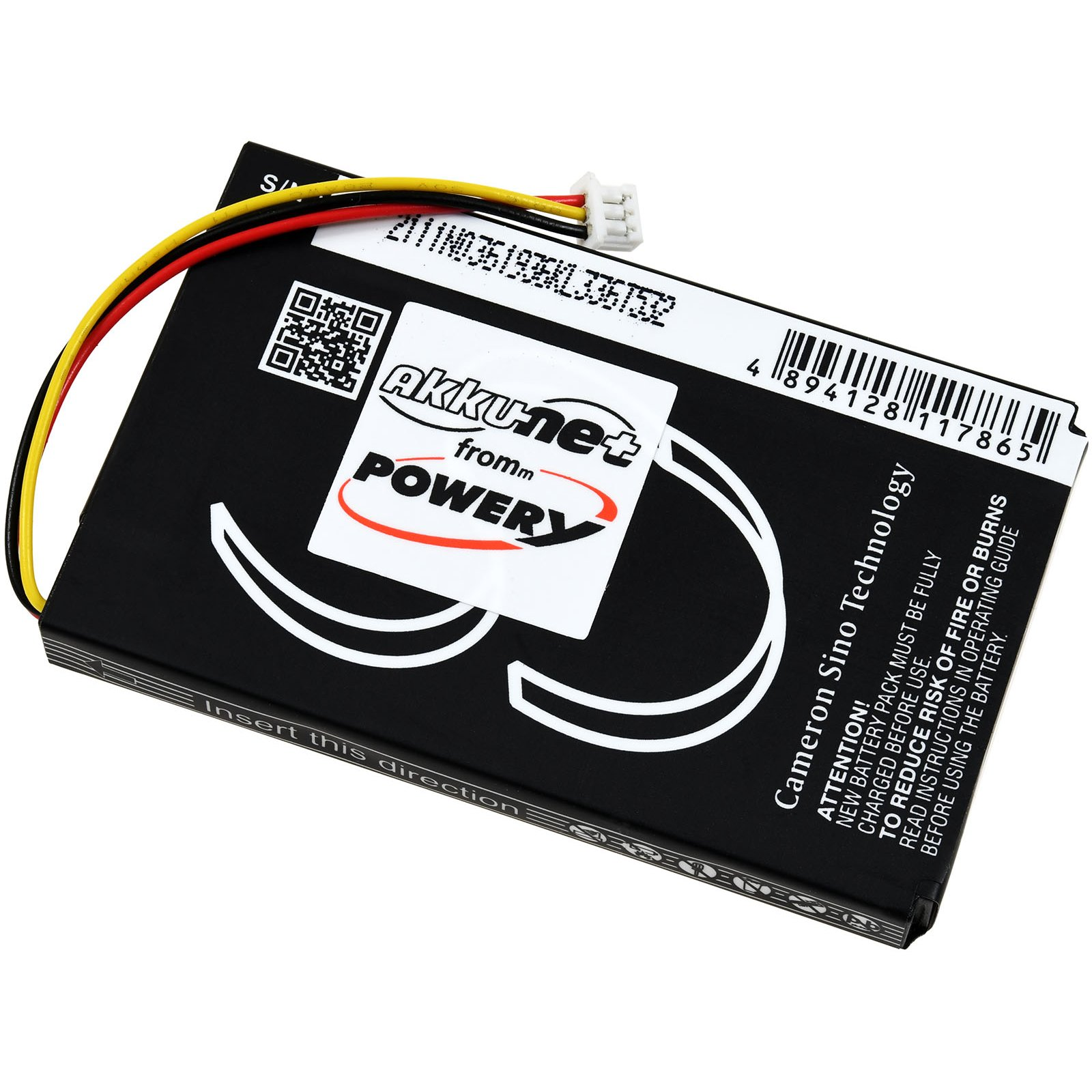 Schwarze Batterie mit Stecker und Text, vor weißem Hintergrund.