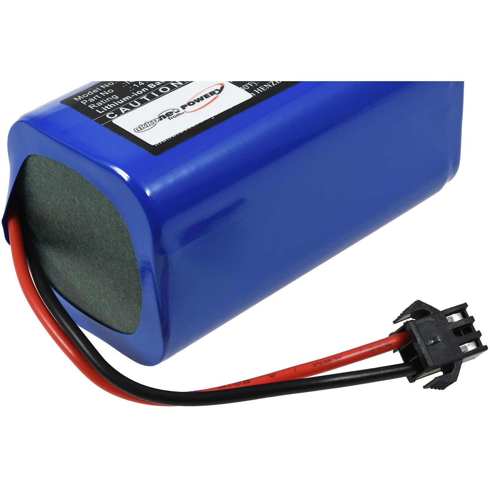 Blaue Batterie mit schwarzen und roten Drähten und Stecker. Weißer Hintergrund.