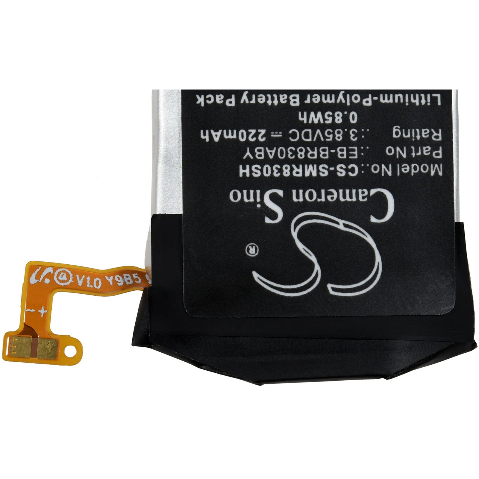 Schwarze und silberne Batterie mit Text, Stecker und gelbem Etikett.