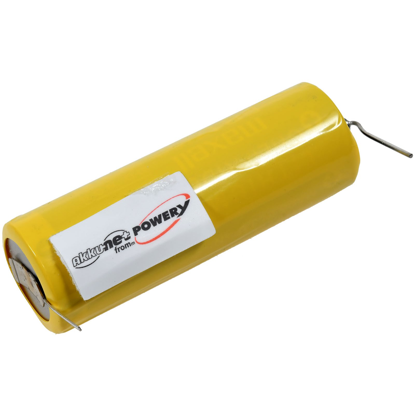 Eine gelbe Batterie mit einem weißen Etikett mit der Aufschrift "akkunet POWER" und einem Metalldraht.