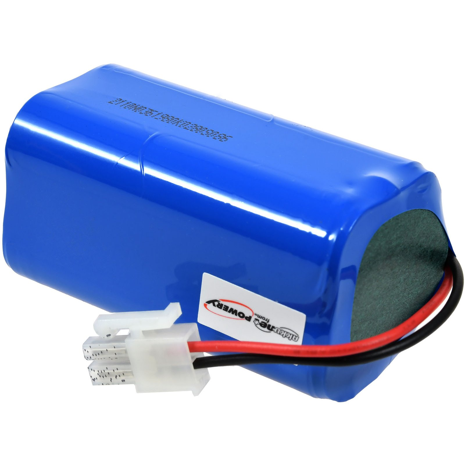 Blaue rechteckige Batterie mit Anschlüssen und Drähten. Weißer Hintergrund.