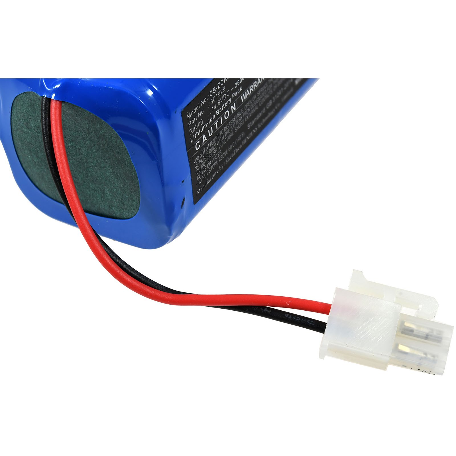 Eine blaue Batterie mit roten und schwarzen Drähten und einem weißen Stecker auf weißem Untergrund.