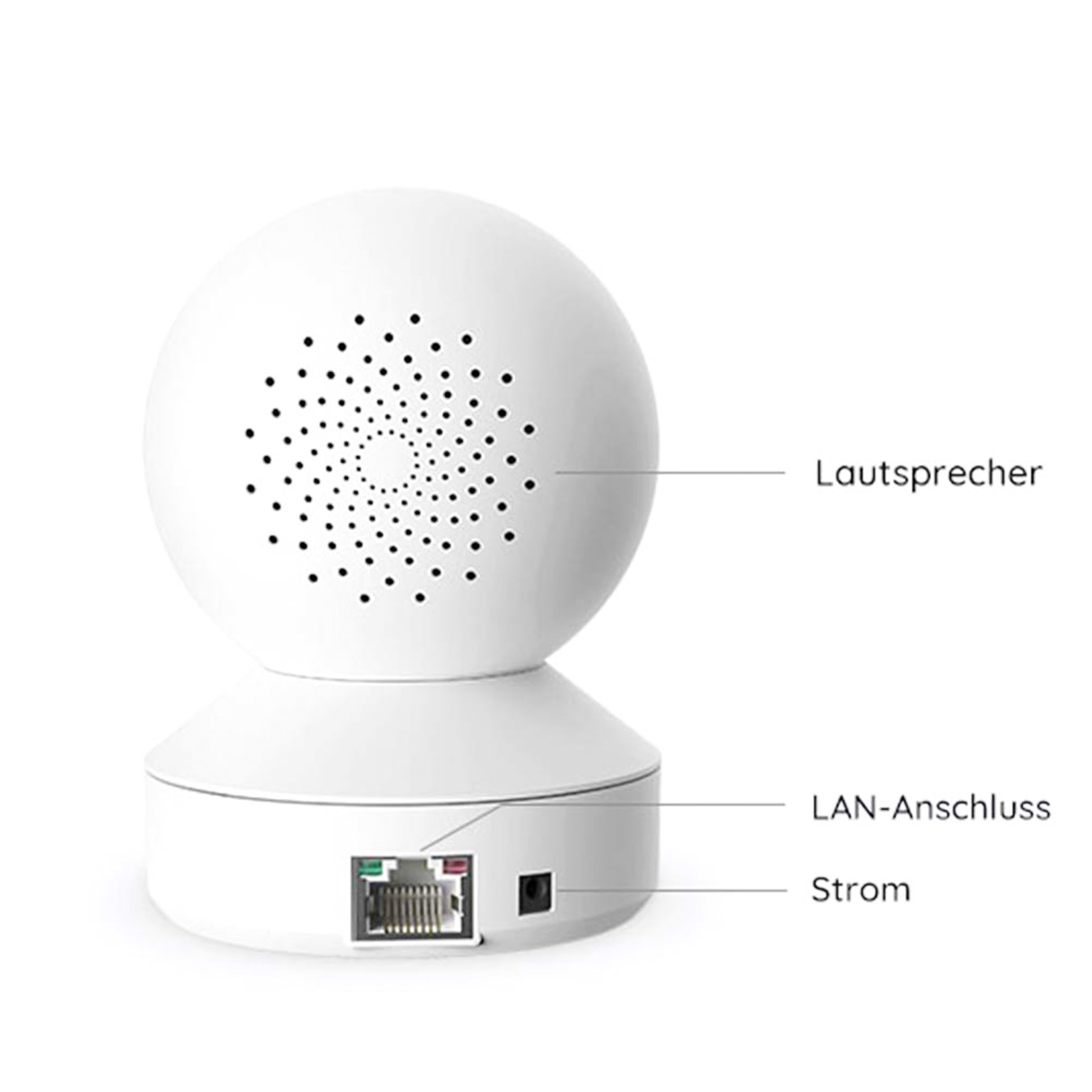 Biała kamera bezpieczeństwa z etykietami. Głośnik, port LAN i zasilanie są oznaczone na tylnej stronie.