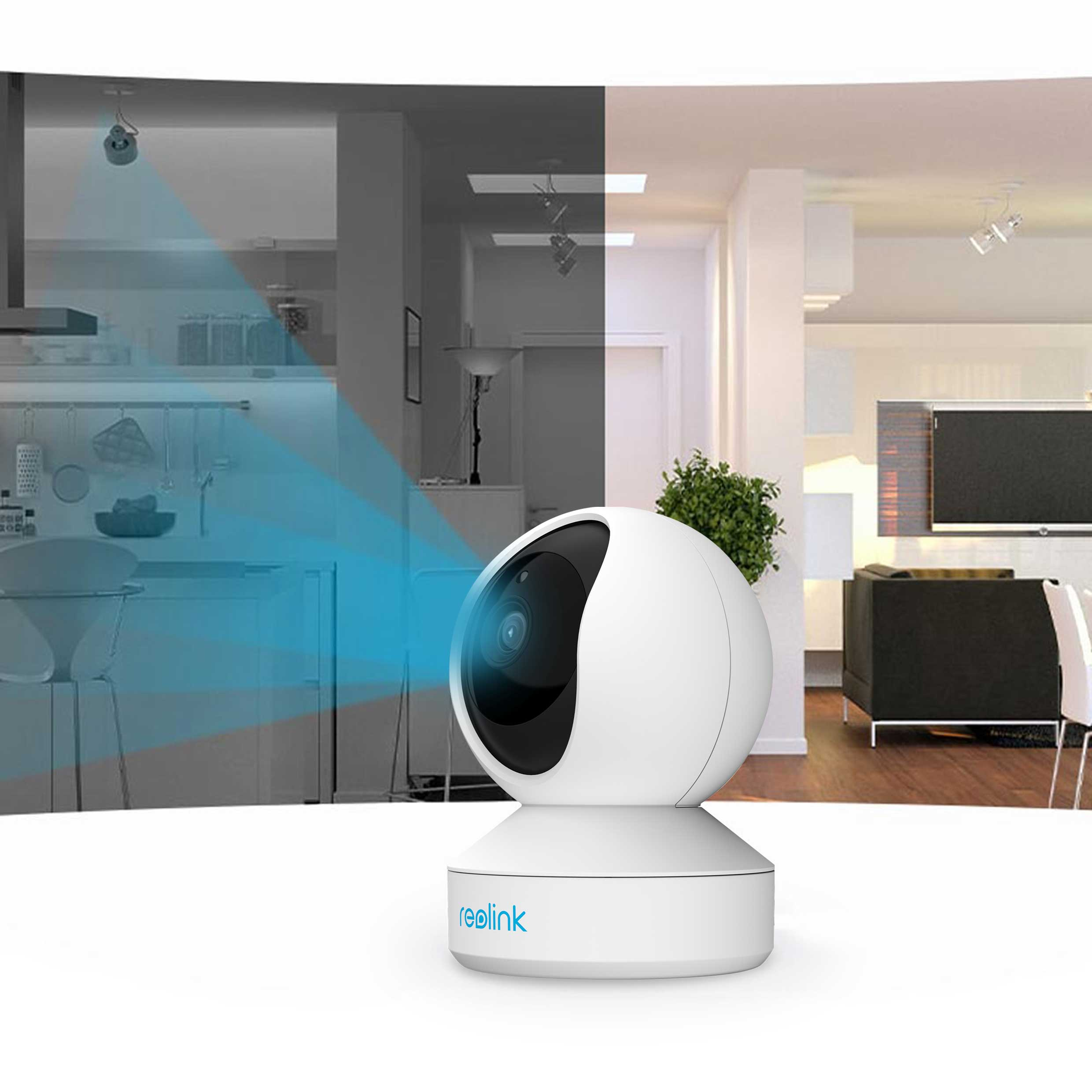 Biała kamera bezpieczeństwa na stojaku. Pokazuje pokój z kuchnią i salonem.