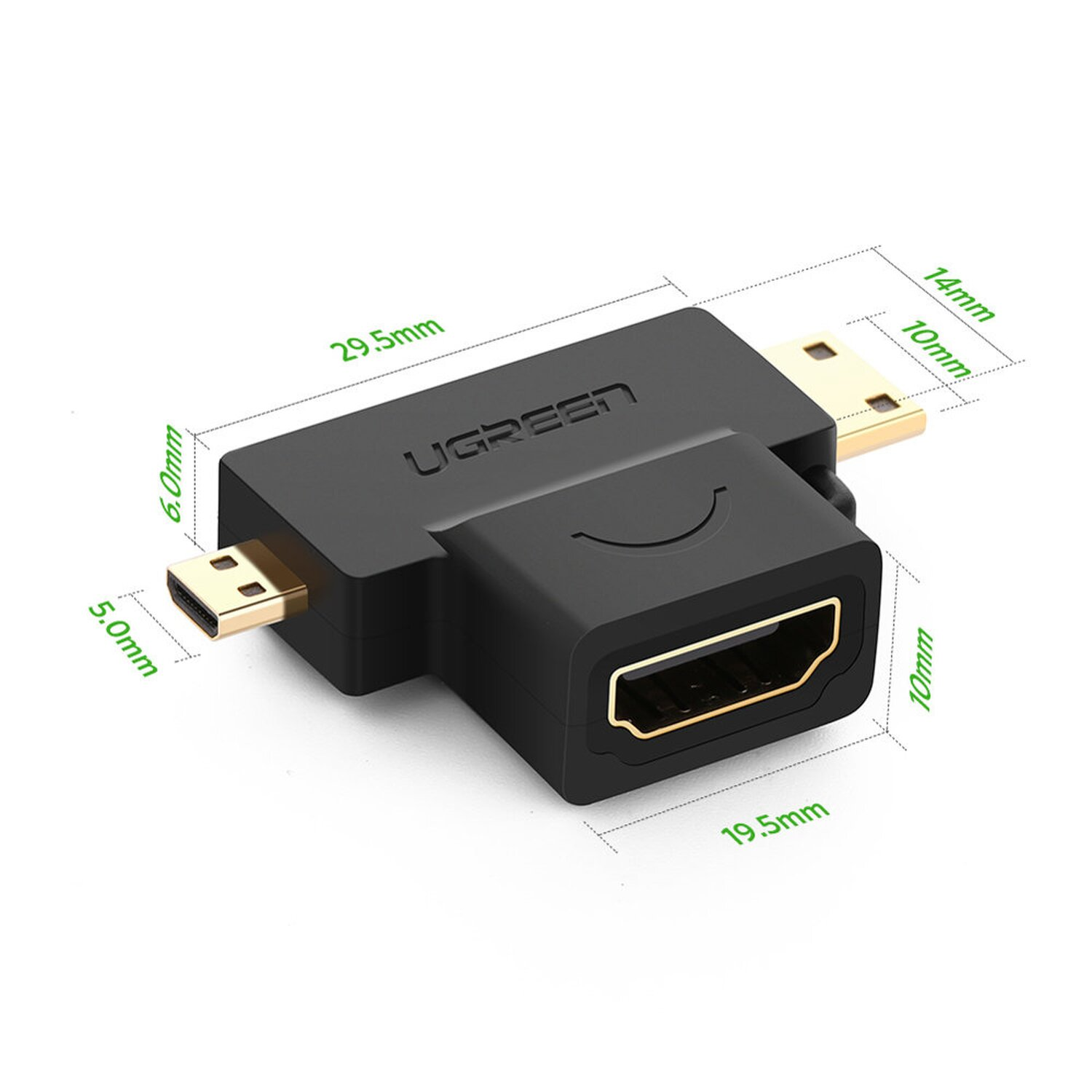 Adattatore HDMI nero con dimensioni e marchio UGREEN su sfondo bianco.
