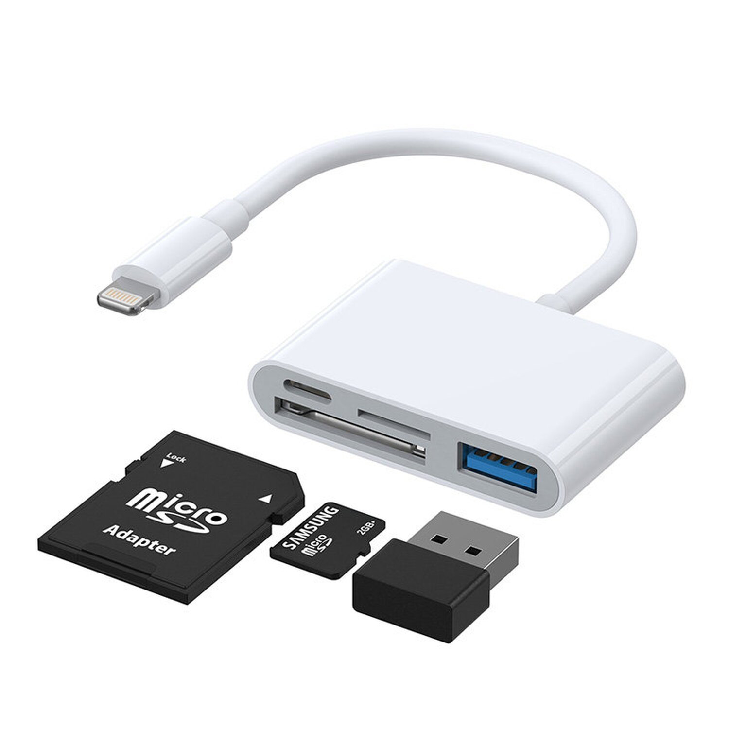 Weißer Adapter mit Lightning-Anschluss, SD-Kartensteckplatz, USB-Anschluss und mehreren kleinen Speicherkarten.