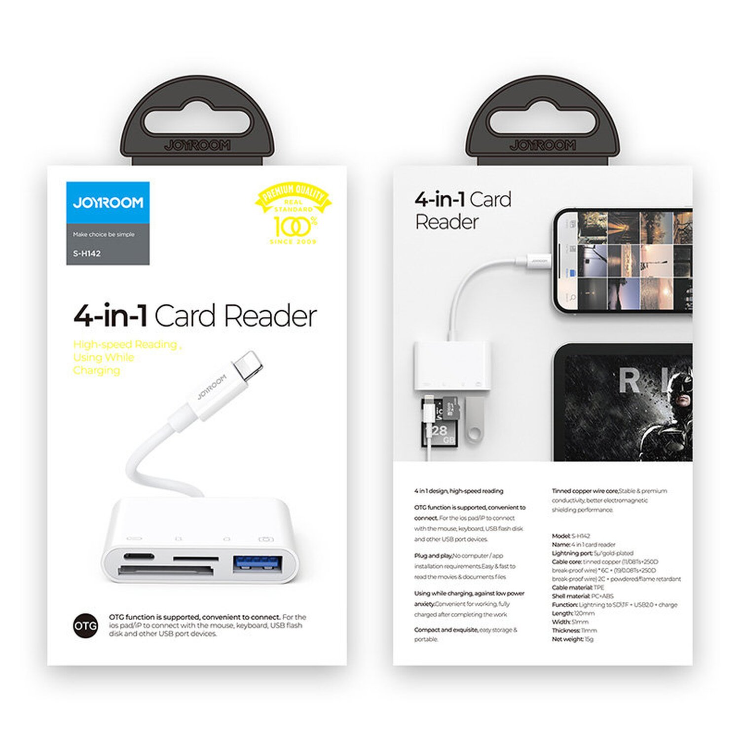 Ein Kartenleser mit weißem Kabel. Die Verpackung zeigt den Kartenleser und seine Funktionen mit Text.