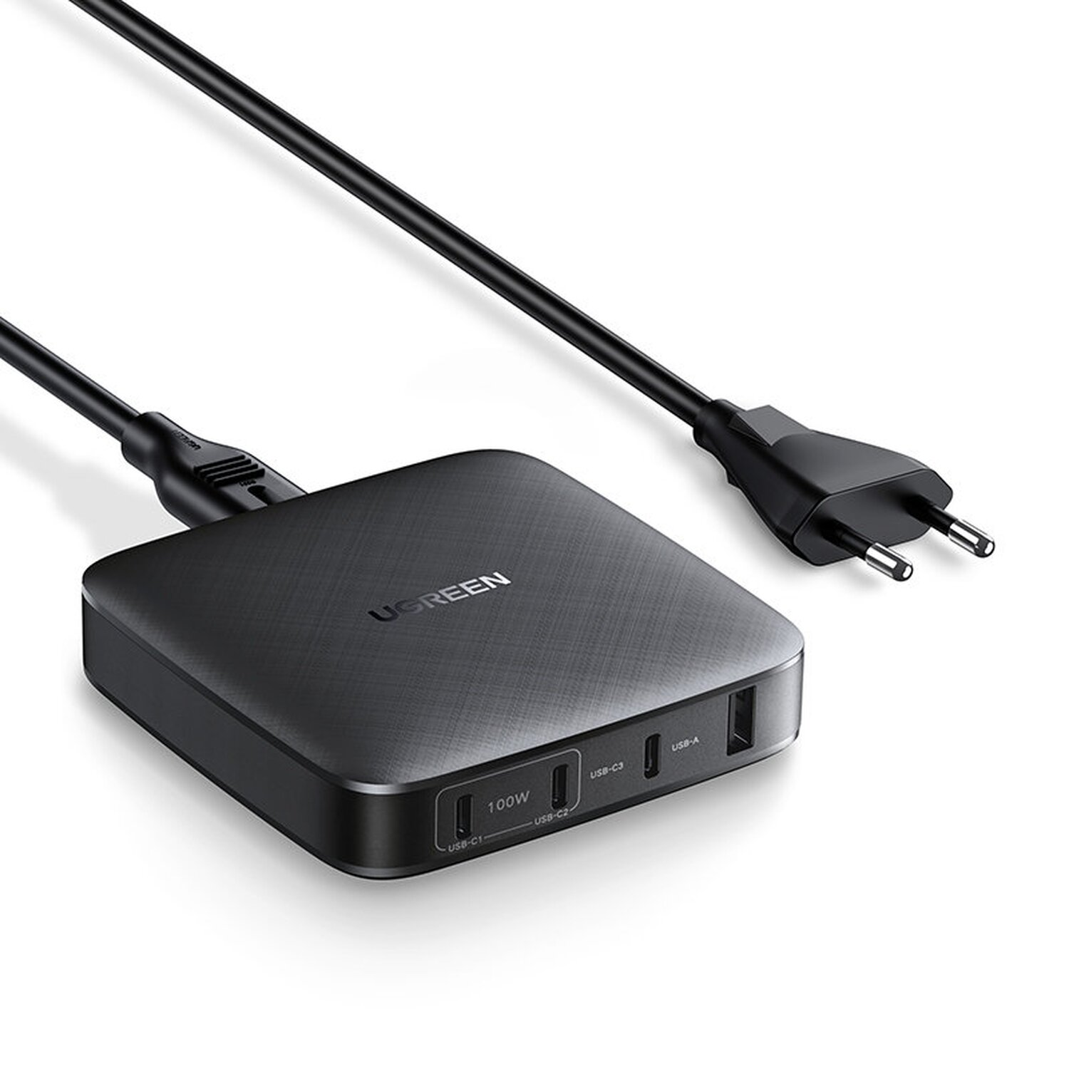 Schwarzes USB-Ladegerät mit mehreren Anschlüssen und einem Stromkabel. Das Ladegerät hat USB-A- und USB-C-Anschlüsse.