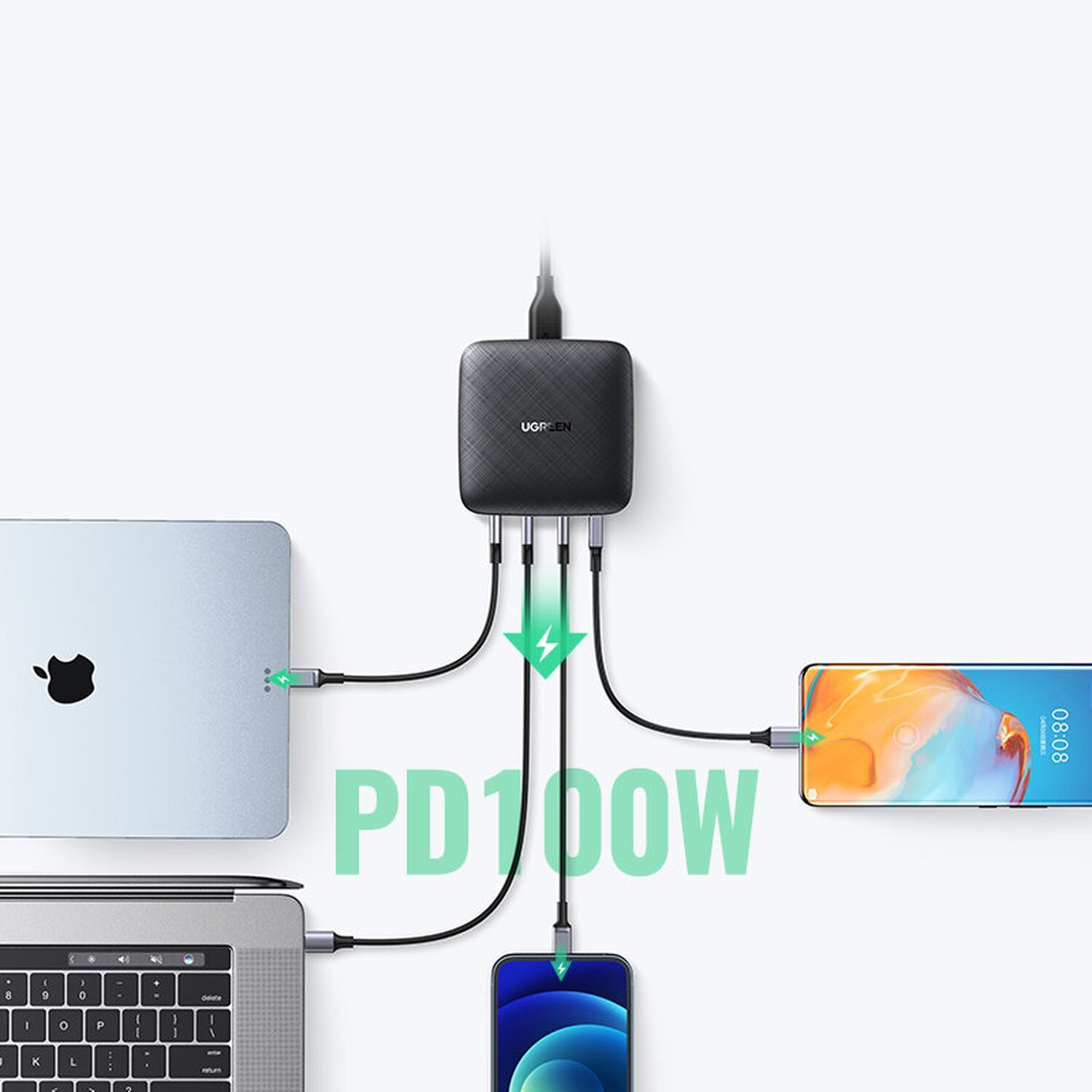 Ein Lade-Hub, der mit einem Laptop, Telefon und anderen Geräten verbunden ist. Auf dem Etikett steht PD 100W.