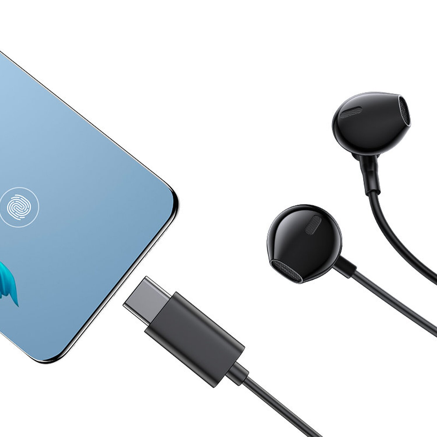 Schwarze Ohrhörer, Telefon mit Fingerabdruck und USB-C-Anschluss.