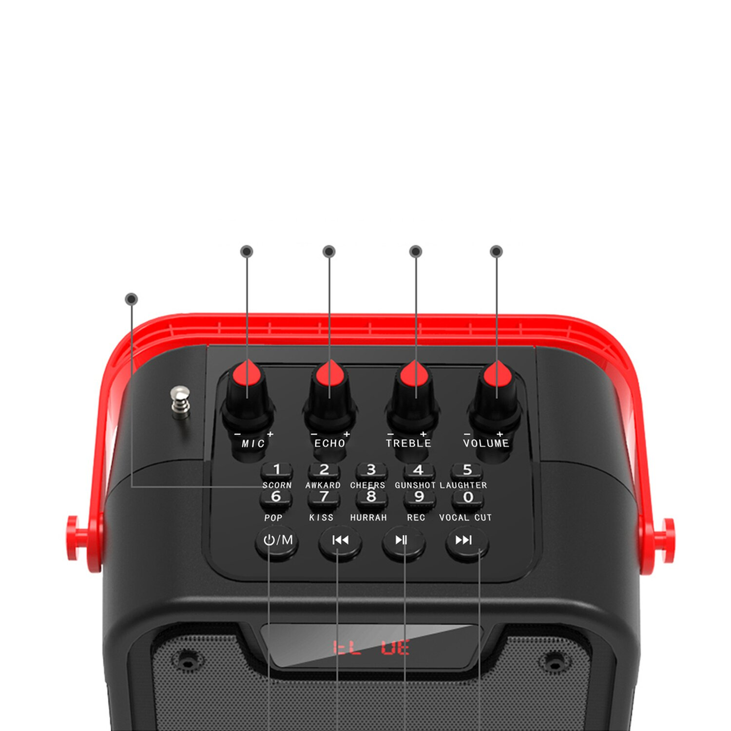 Schwarze und rote Karaoke-Maschine mit Tasten für Mikrofon, Echo, Höhen und Lautstärke.