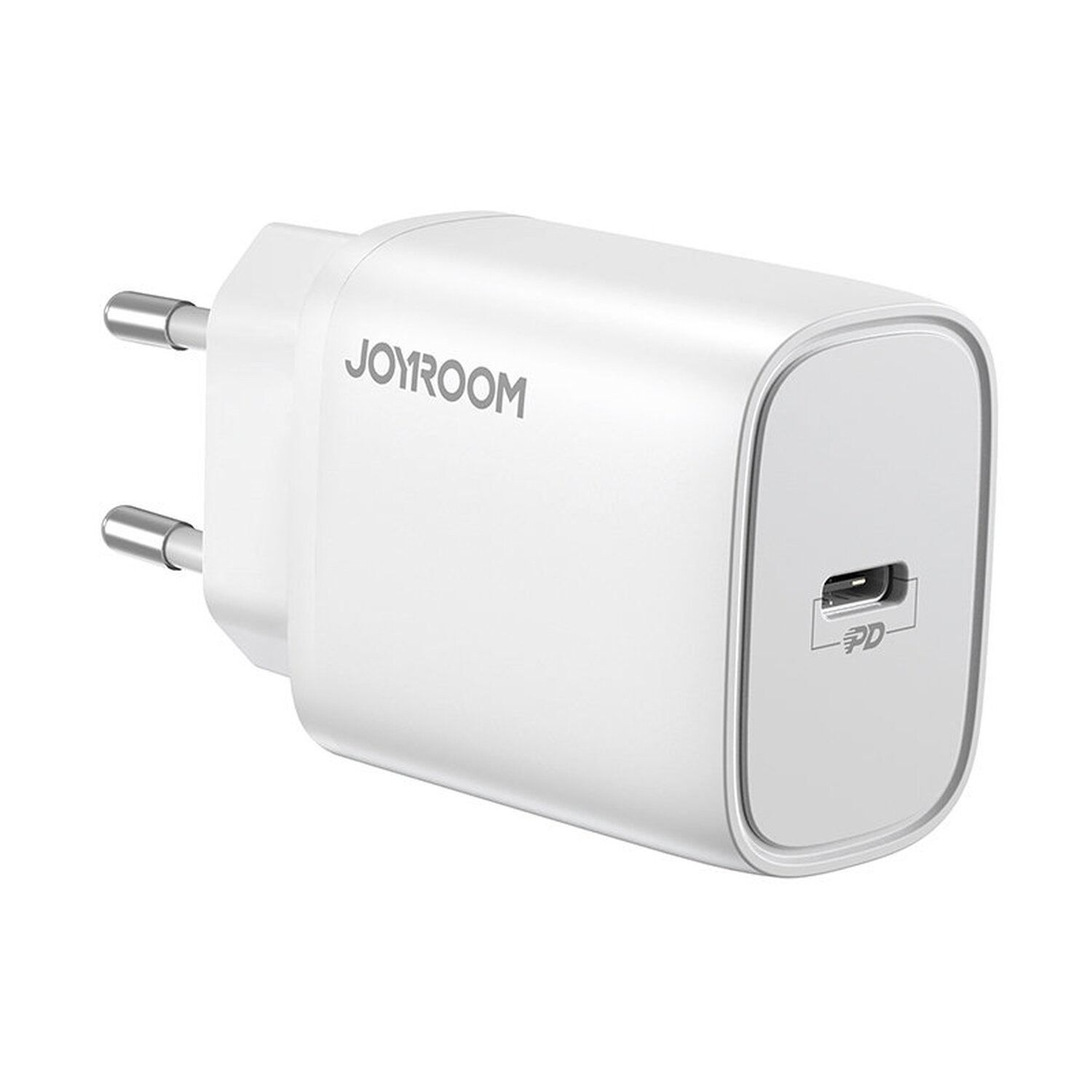 Weißes Joyroom-Ladegerät mit zwei Metallstiften und einem USB-C-Anschluss. Das Gerät ist abgewinkelt.